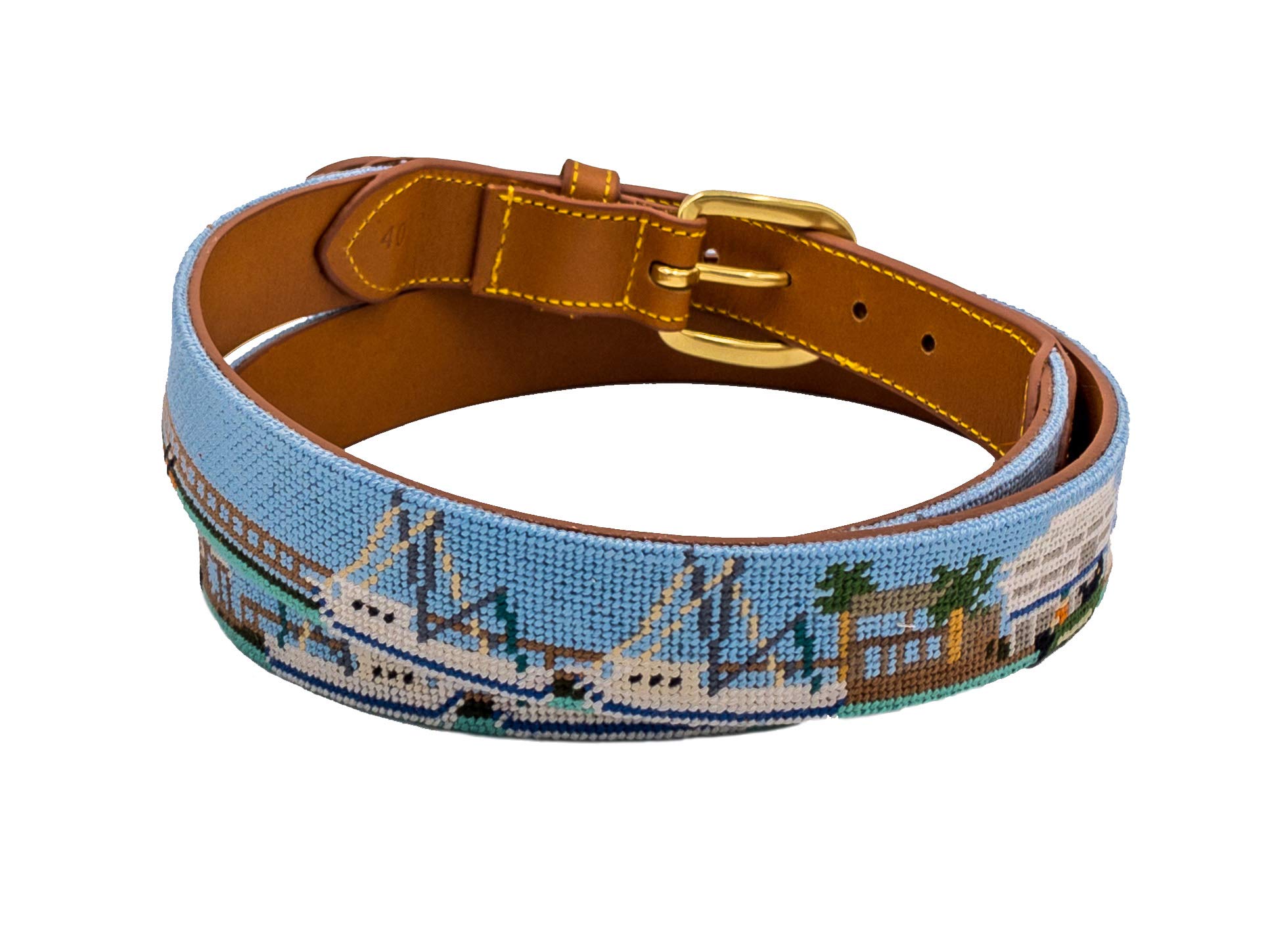 Charleston Belt - Shem Creek Needlepoint Belt for Men & Women | Handmade Leather Belt with Coastal Scene Design | Perfect for Casual, Office & Outdoor Wear