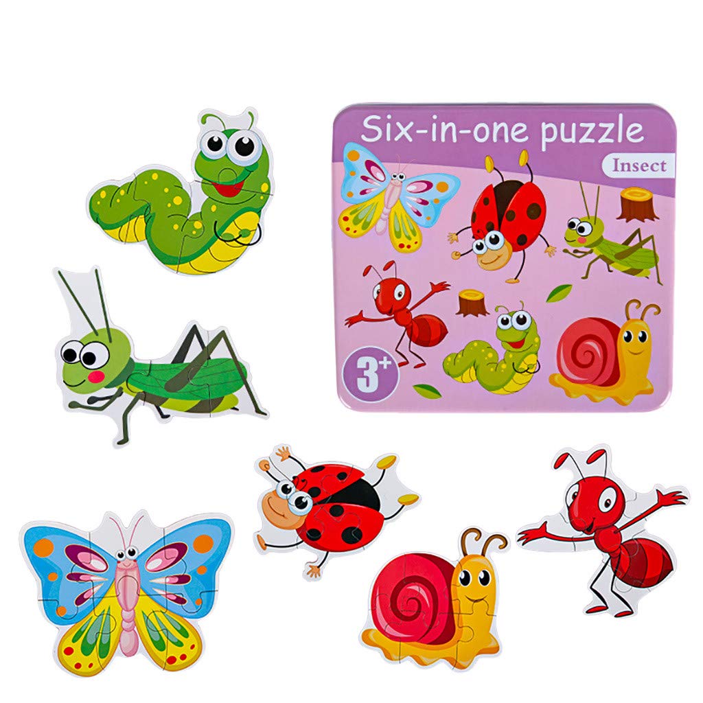 6-in-1 Cartoon Puzzle Set - Educational Wooden Jigsaw Puzzles for Toddlers & Kids Ages 3-5 - Learning Toys with Storage Box - Perfect for Preschool Classroom, Birthday Gifts & Family Game Night