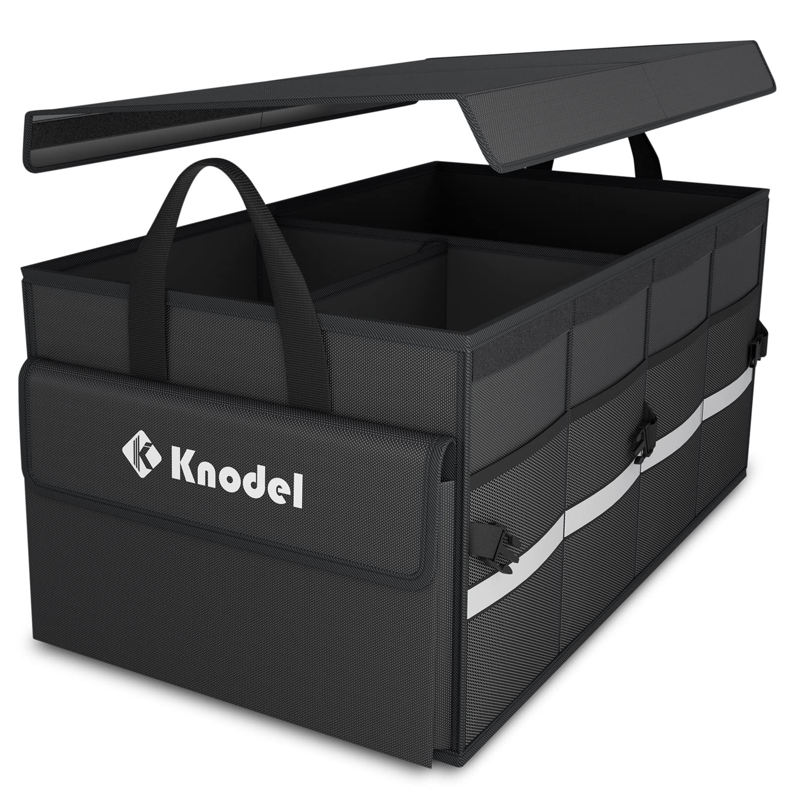 K KNODEL Collapsible Car Trunk Organizer with Lid - Waterproof SUV/Truck/Sedan Storage Box (2 Compartments, Black) | Perfect for Road Trips, Grocery Shopping & Sports Equipment Organization