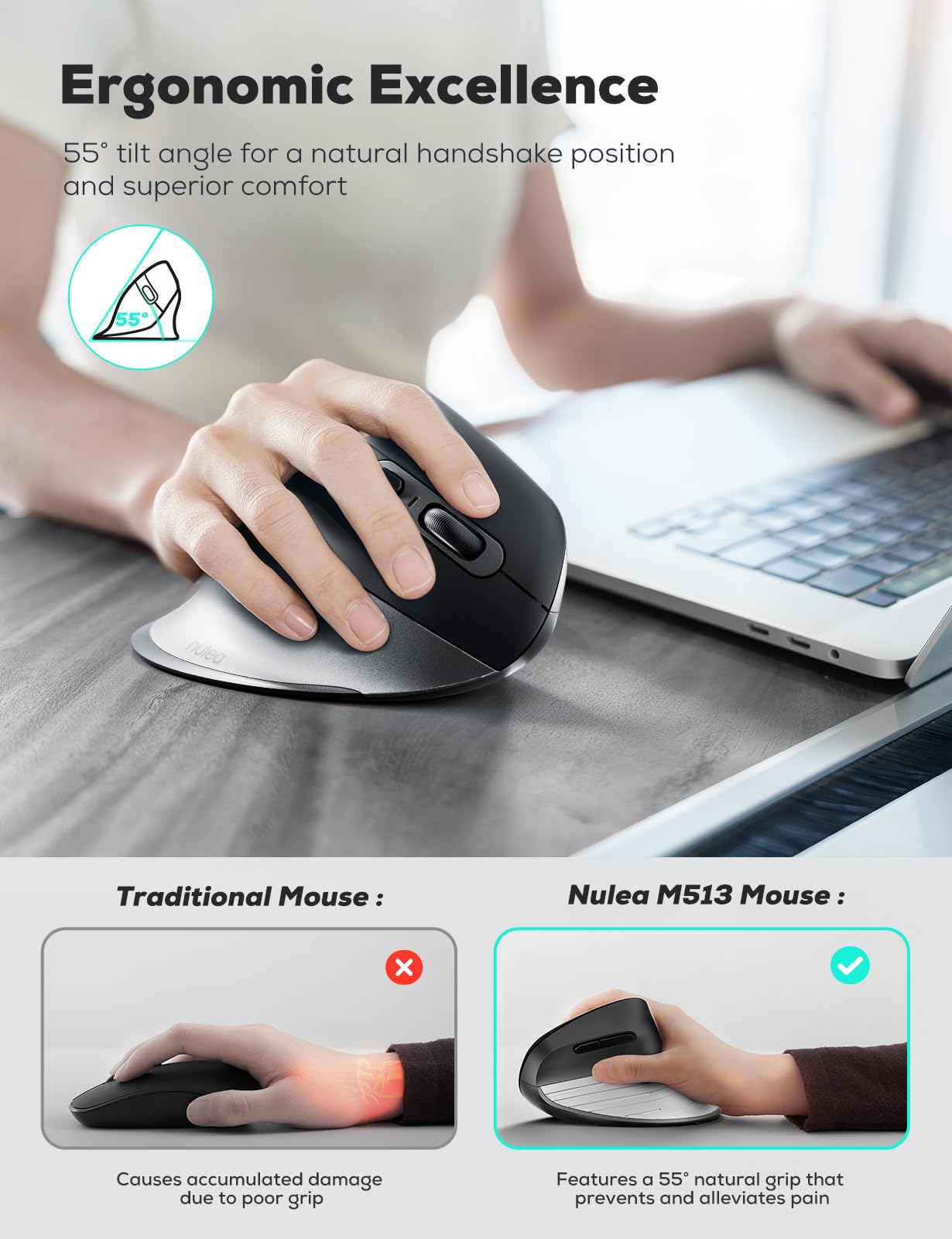 Nulea M513 Wireless Vertical Ergonomic Mouse - 2.4G USB, Adjustable DPI (800/1200/1600), 5-Button Design for Carpal Tunnel Relief | Perfect for Office, Gaming & Graphic Design on Windows/Mac PCs & Laptops