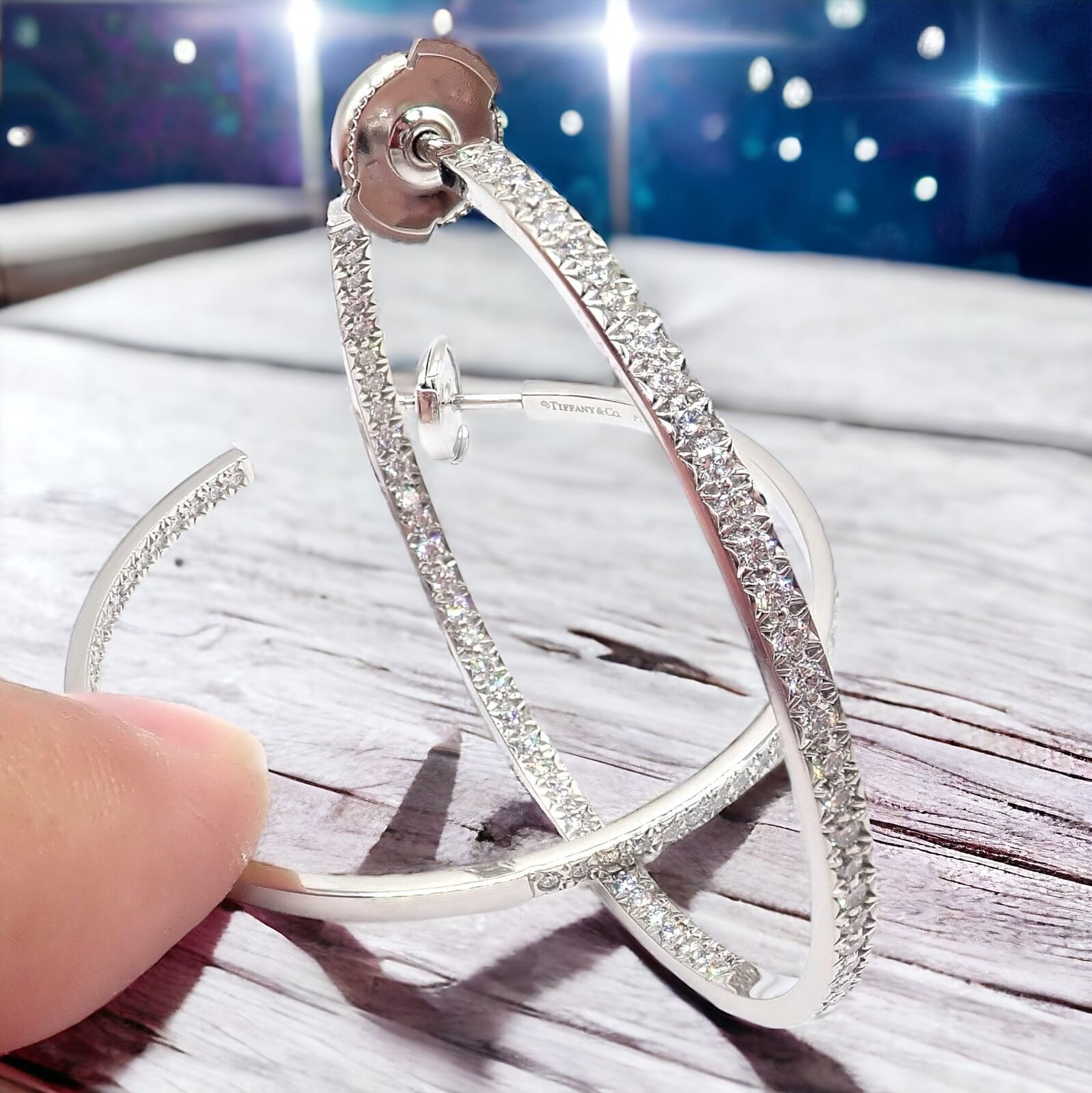 Authentic Tiffany & Co Platinum Metro Diamond Large Inside Out Hoop Earrings - Luxury Diamond Hoops for Women, Perfect for Weddings, Parties & Special Occasions