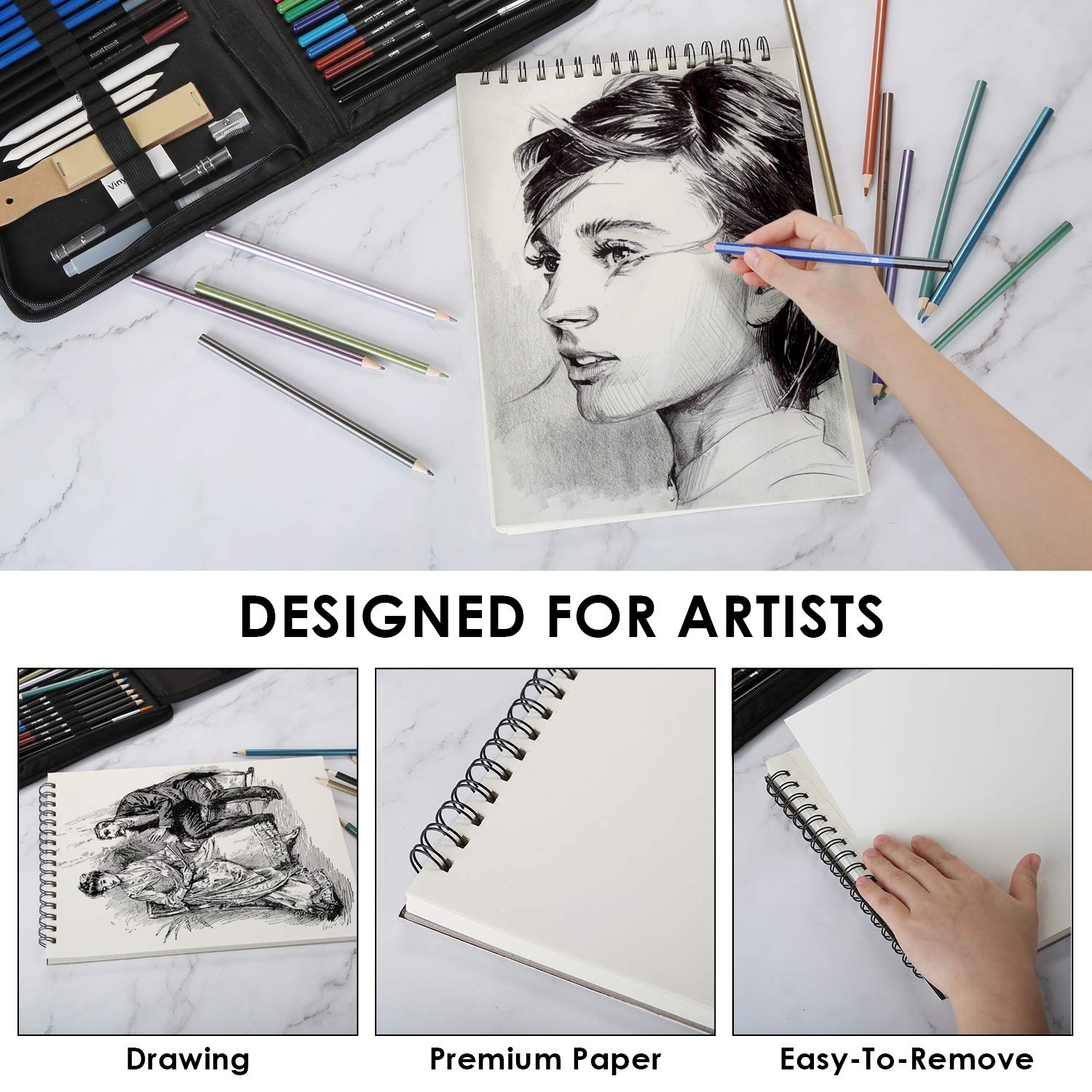 AGPTEK 75-Piece Professional Drawing Pencils Set - Sketch Pencils, Charcoal Pencils, Watercolor & Metallic Colored Pencils for Artists, Adults & Kids | Perfect for Sketching, Shading, Blending & Mixed Media Art Projects