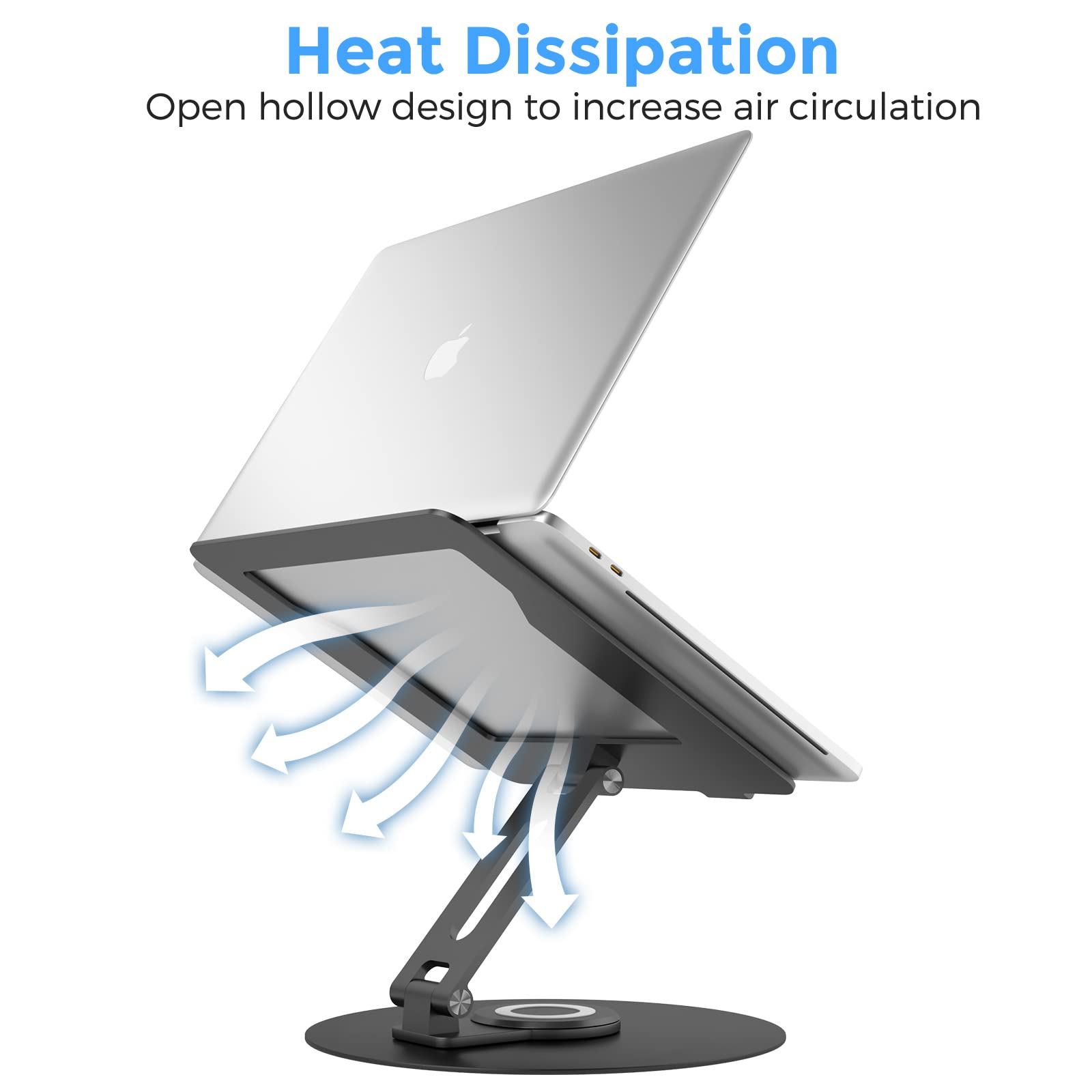 Swivel Laptop Stand for Desk - Adjustable Height, 360° Rotating Base, Foldable Ergonomic Riser, Portable Laptop Holder for MacBook & All 10-17'' Laptops, Black - Perfect for Home Office & Workspace