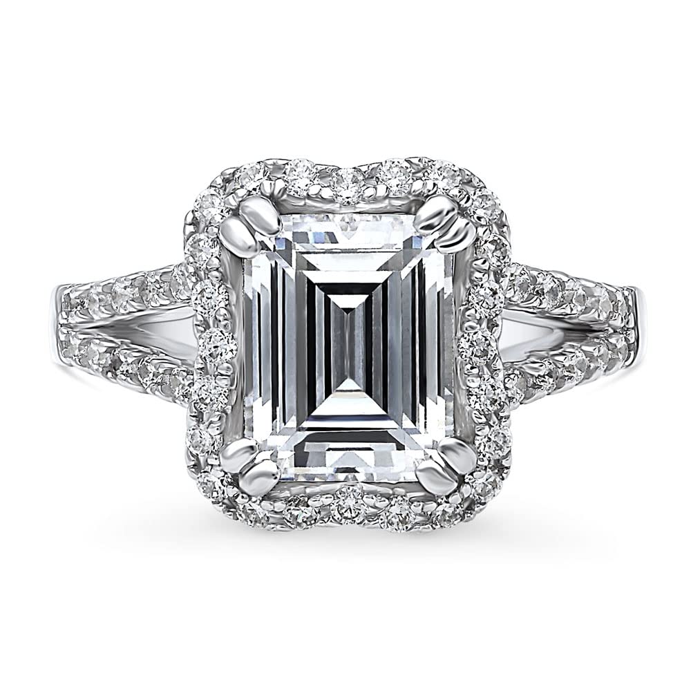 BERRICLE Sterling Silver Halo Wedding & Engagement Ring for Women - Step Emerald Cut Cubic Zirconia CZ, Woven Cocktail Split Shank Design, Rhodium Plated Size 4-10 | Perfect for Anniversary, Proposal, Valentine's Day Gift & Special Occasions
