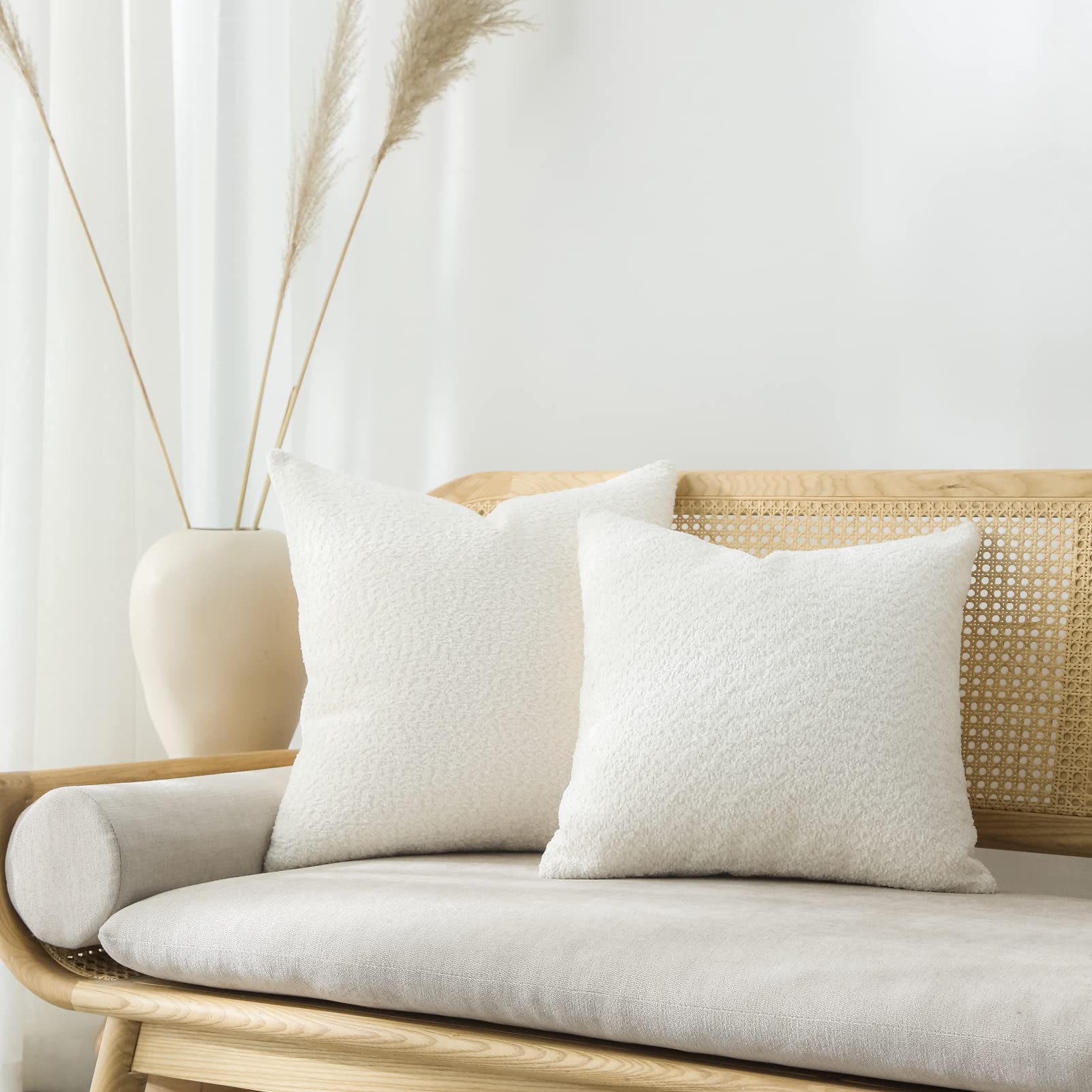 Farmhouse Textured Throw Pillow Covers 20x20 - Set of 2 Neutral Rustic Decorative Pillow Cases for Bed, Couch & Living Room - Cream White Accent Cushions for Cozy Home Decor