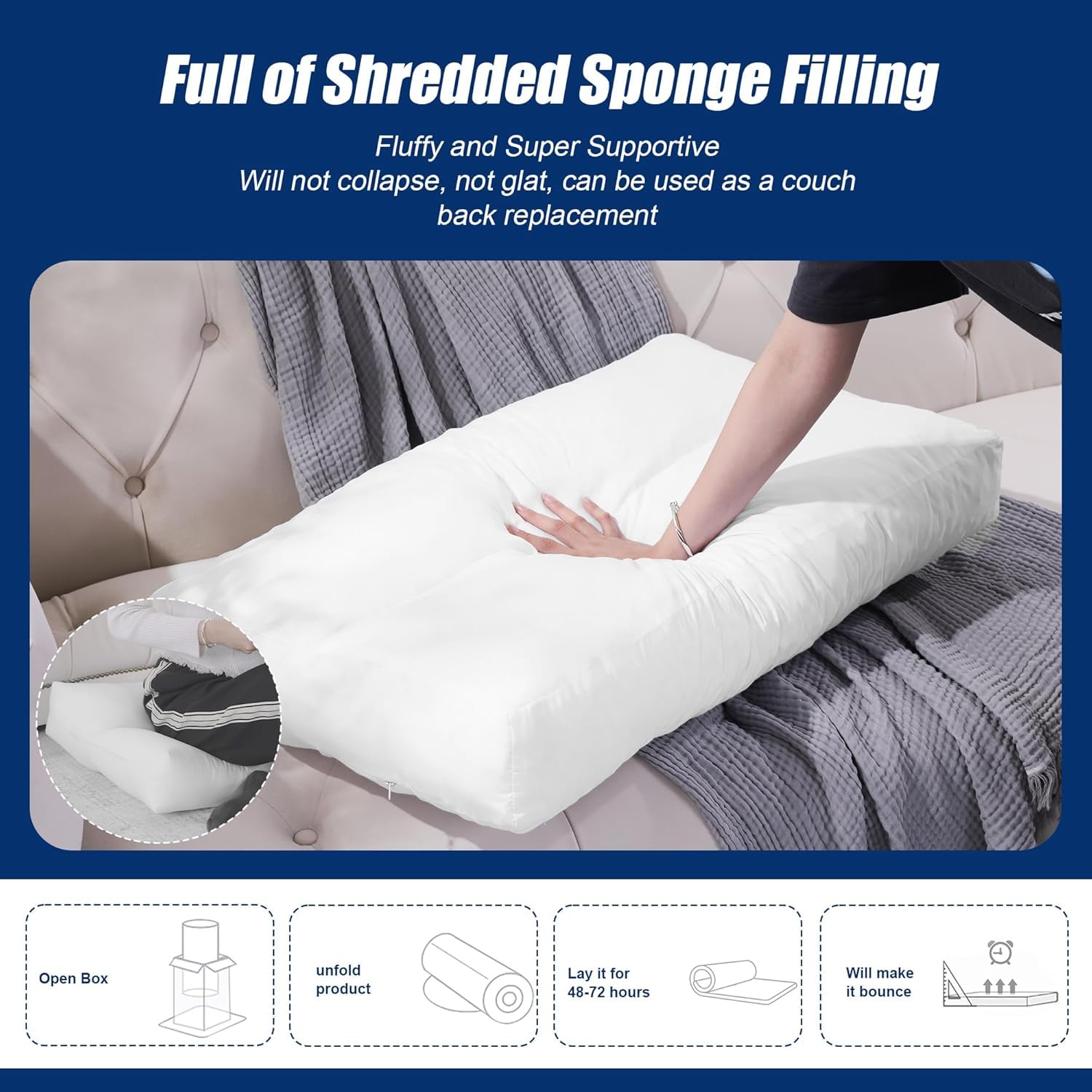 Premium Shredded Foam Couch Back Cushions Replacement - Supportive Sofa Cushion Stuffing Fill with Fluffy Quilted Design - Lumbar Support Pillow for Sofa (35