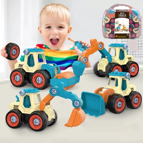 4 Pack Take Apart Construction Trucks Toys for Boys Ages 3-8, STEM Learning Montessori Engineering Vehicle Playset with Electric Drill – Perfect for Pretend Play, Birthday Gifts & Classroom Activities
