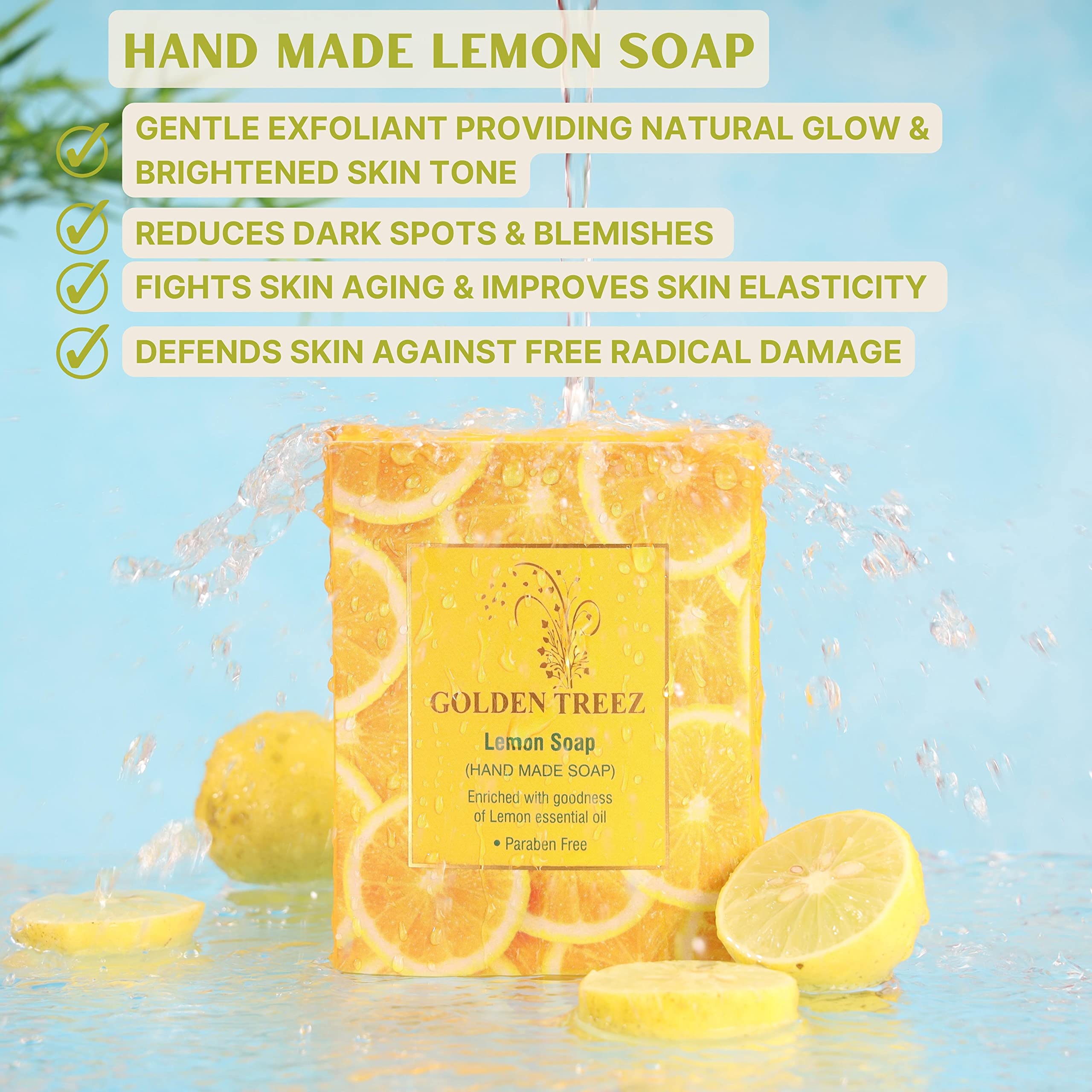 **Golden Treez Lemon Soap – Natural Bath Soap with Lemon Essential Oil & Aloe Vera | Ayush Certified, Paraben & Sulfate Free | 115g – Refreshing & Hydrating for Daily Skincare & Aromatherapy**