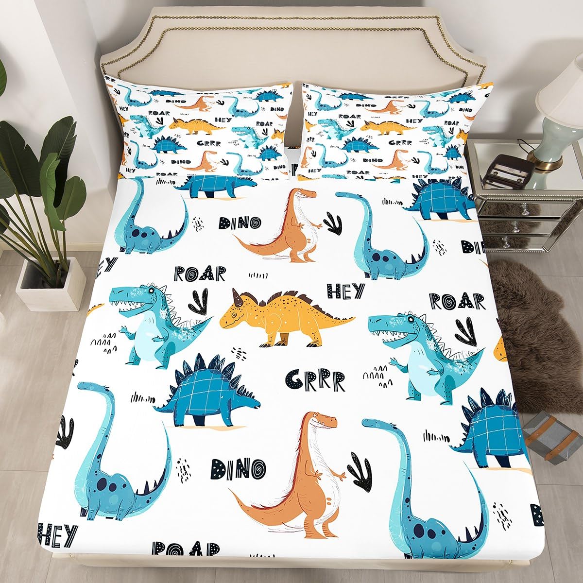 Dinosaur Fitted Sheet Set - Cute Cartoon Dinosaur Bedding for Kids, Boys & Girls - Kawaii Animal Print Deep Pocket Queen Size Sheets - Perfect for Kids' Rooms, Dinosaur Themed Bedrooms & Nursery Decor
