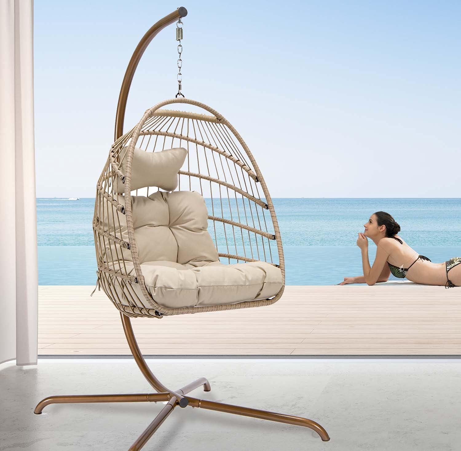 NICESOUL Hanging Egg Chair with Stand - Indoor/Outdoor Rattan Swing Hammock Chair with Cushion - 350lbs Capacity Egg Shaped Chair for Patio, Lawn, Backyard, Balcony, Bedroom - Perfect for Relaxing, Reading & Birthday Gifts - Beige