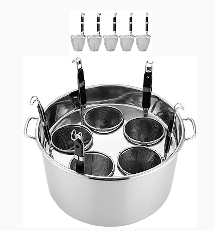 RSBFER 3/4/5 Hole Commercial Stainless Steel Pasta Cooker Pot with Divider & Colander Strainer Insert Set - Heavy Duty Stockpot for Home Kitchen & Restaurant Use (5 Hole) - Perfect for Cooking Pasta, Soup, Stew & Large Batch Meals