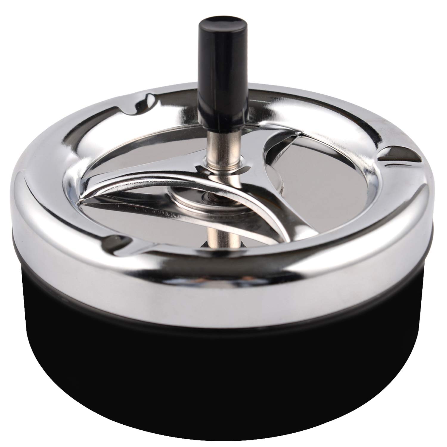 Premium Stainless Steel Modern Round Push Down Cigarette Ashtray with Spinning Tray - Indoor/Outdoor Desktop Smoking Ash Tray for Home, Office, Patio, and Car Use (Black)