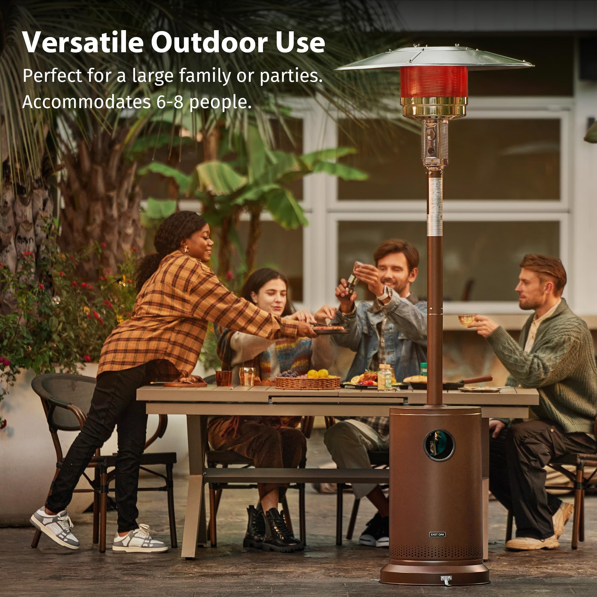 EAST OAK 55,000 BTU Outdoor Propane Patio Heater with Round Table & Stainless Steel Burner - Portable Wheeled Patio Heater for Large Backyards, Gardens, Restaurants, and Commercial Events - Bronze Finish for Warm Outdoor Gatherings in Cold Weather