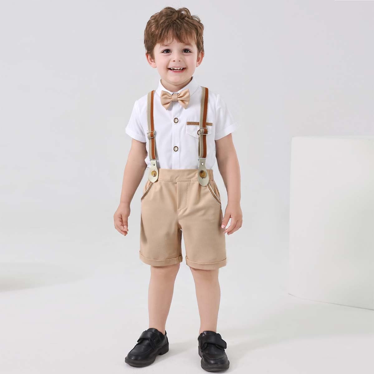 Boarnseorl Baby Boys Gentleman Outfits - Stylish Shorts Sets with Shirt, Bow Tie & Suspenders for Infants | Perfect for Photoshoots, Parties & Special Occasions
