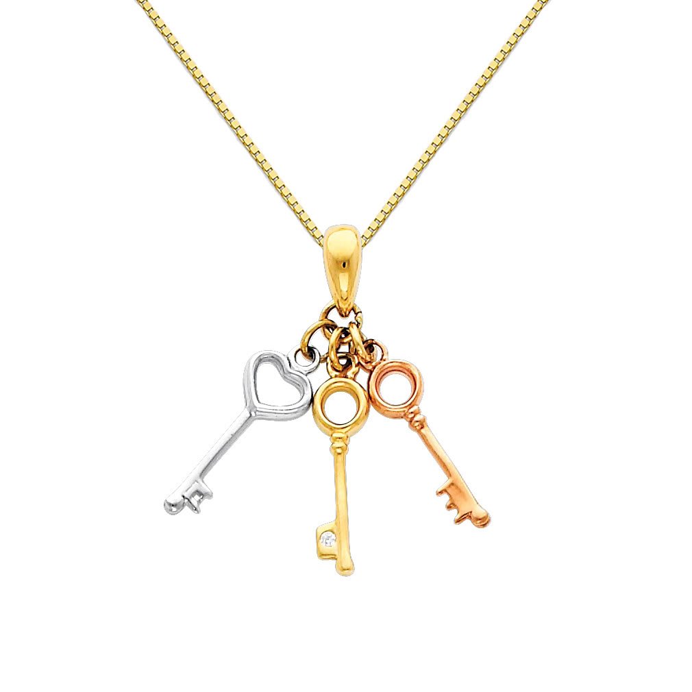 14K Tri-Color Gold Heart Charm Pendant Necklace with 0.65mm Box Chain - Romantic Gift for Her, Valentine's Day, Anniversary & Special Occasions