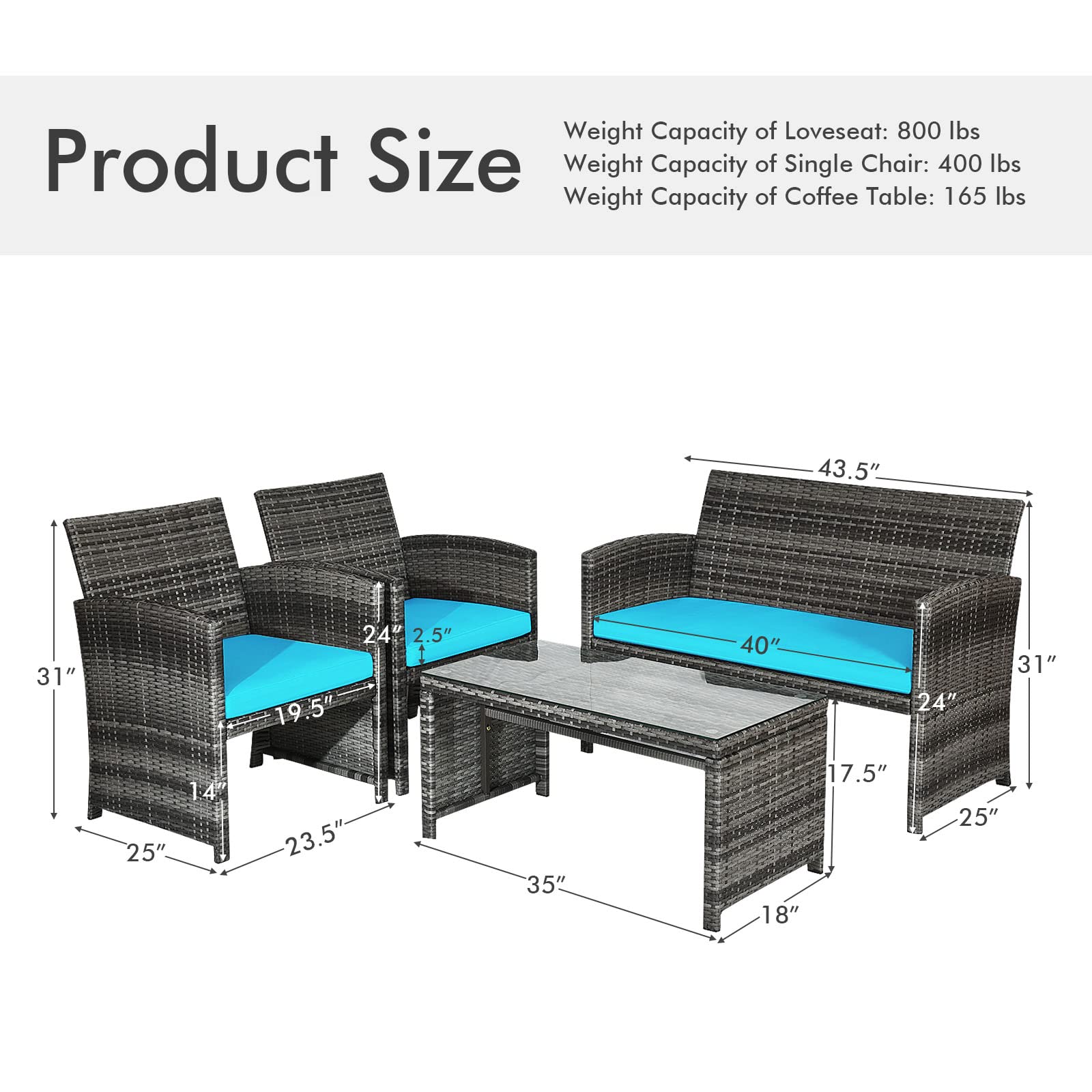 Goplus 4-Piece Rattan Patio Furniture Set, Outdoor Wicker Conversation Sofa with Weather-Resistant Cushions & Tempered Glass Tabletop - Perfect for Lawn, Backyard, Poolside, Garden, and Patio (Turquoise)