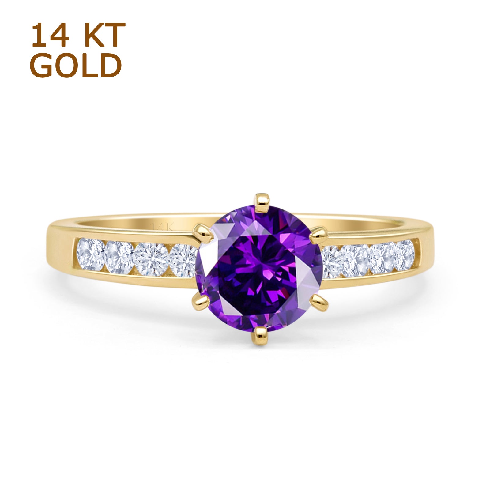 14K Yellow Gold Round Amethyst Cubic Zirconia Cathedral Ring for Women - Elegant Wedding, Engagement & Evening Party Jewelry Gift