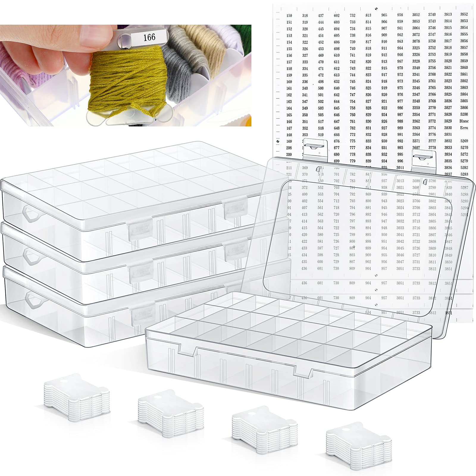 Queekay Embroidery Floss Organizer Box Set - 24 Grid Cross Stitch Thread Storage with 50 Plastic Bobbins & Number Stickers - Perfect for Sewing, Needlework & Craft Organization (4-Pack)