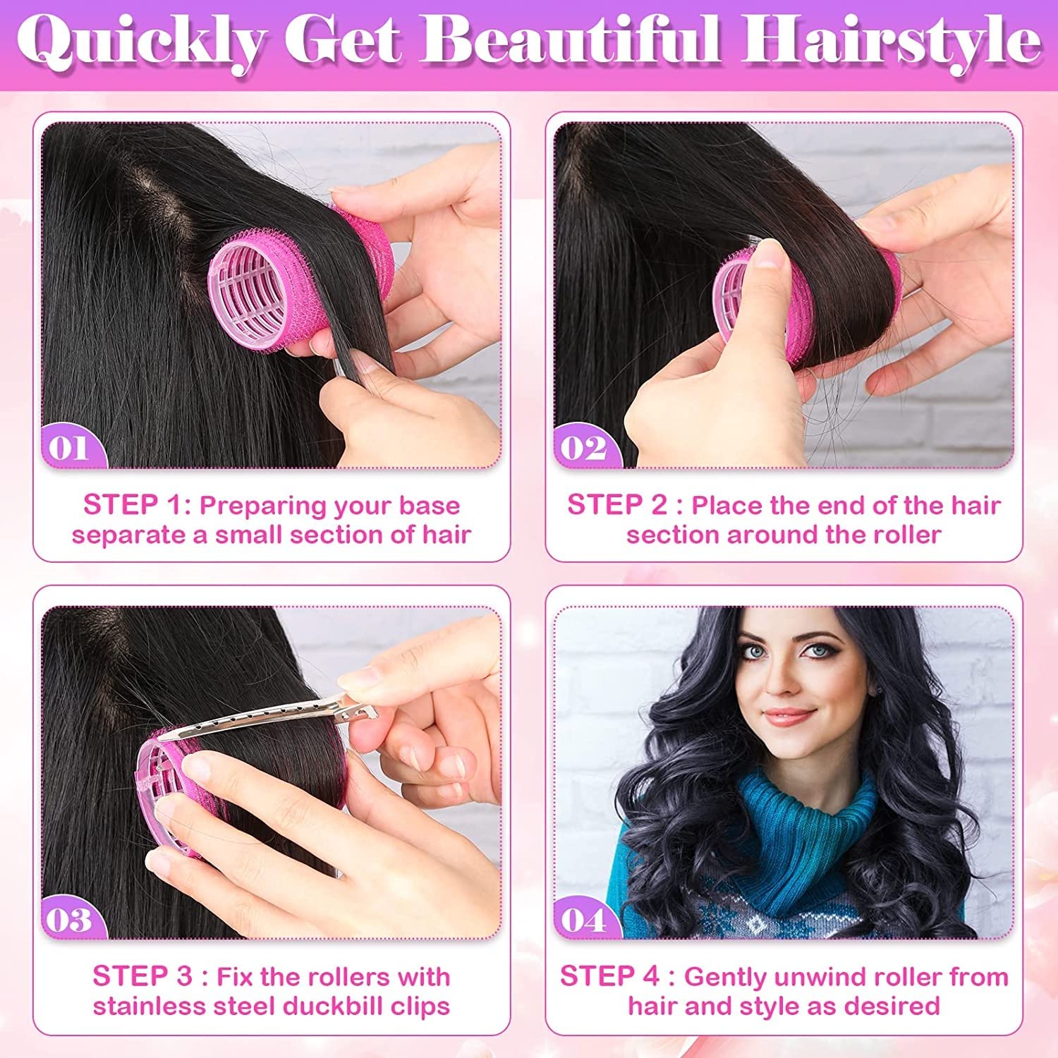 SWEETPEA 4PCS Self Grip Hair Rollers for Curling - Soft Sponge Rollers for Long, Medium & Short Hair (7x6cm) | Perfect for Home Styling, Salon Looks & Special Occasions