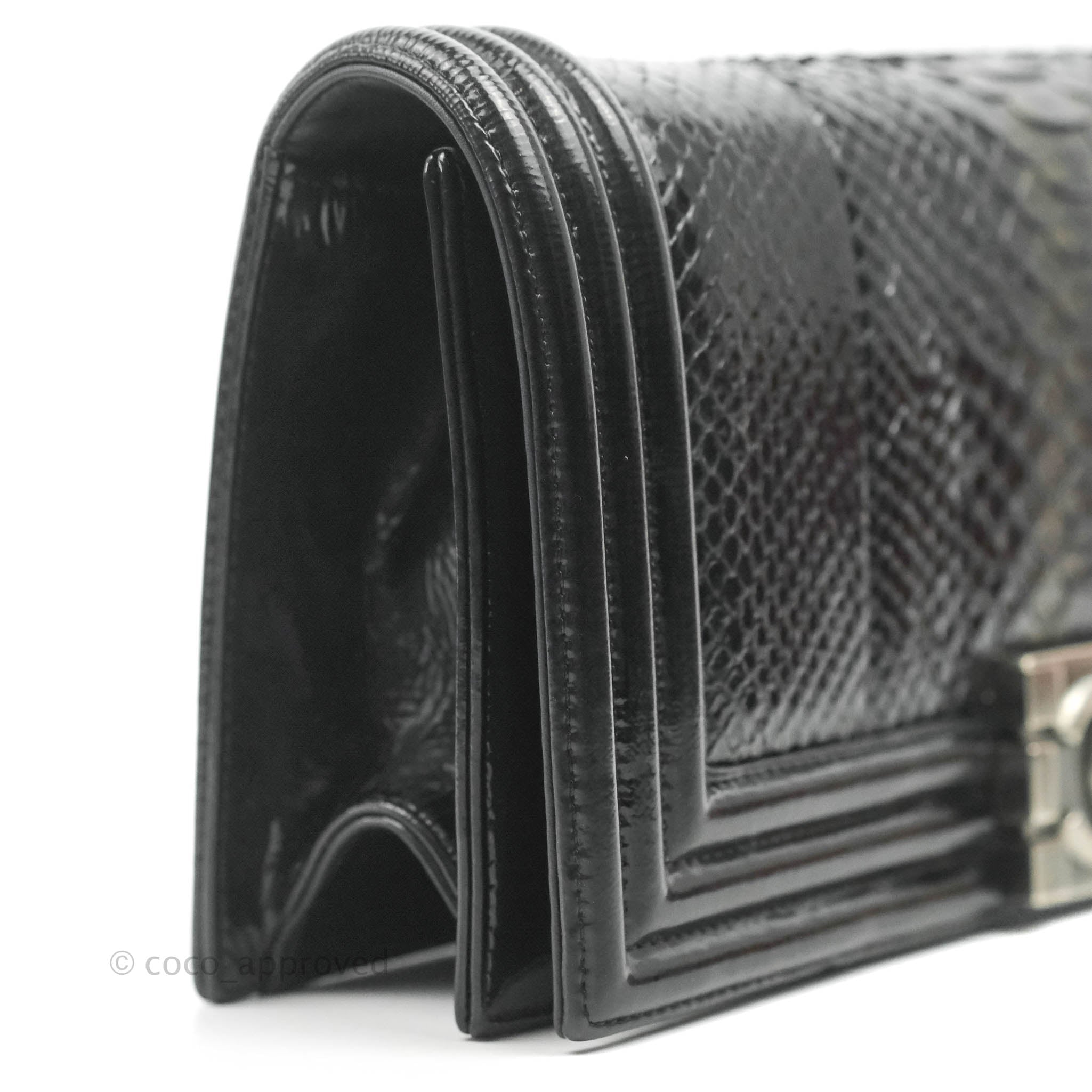 Chanel Boy Clutch Handbag - Genuine Python Leather with Patent Black Finish & Ruthenium Hardware - Perfect for Evening Parties & Luxury Events