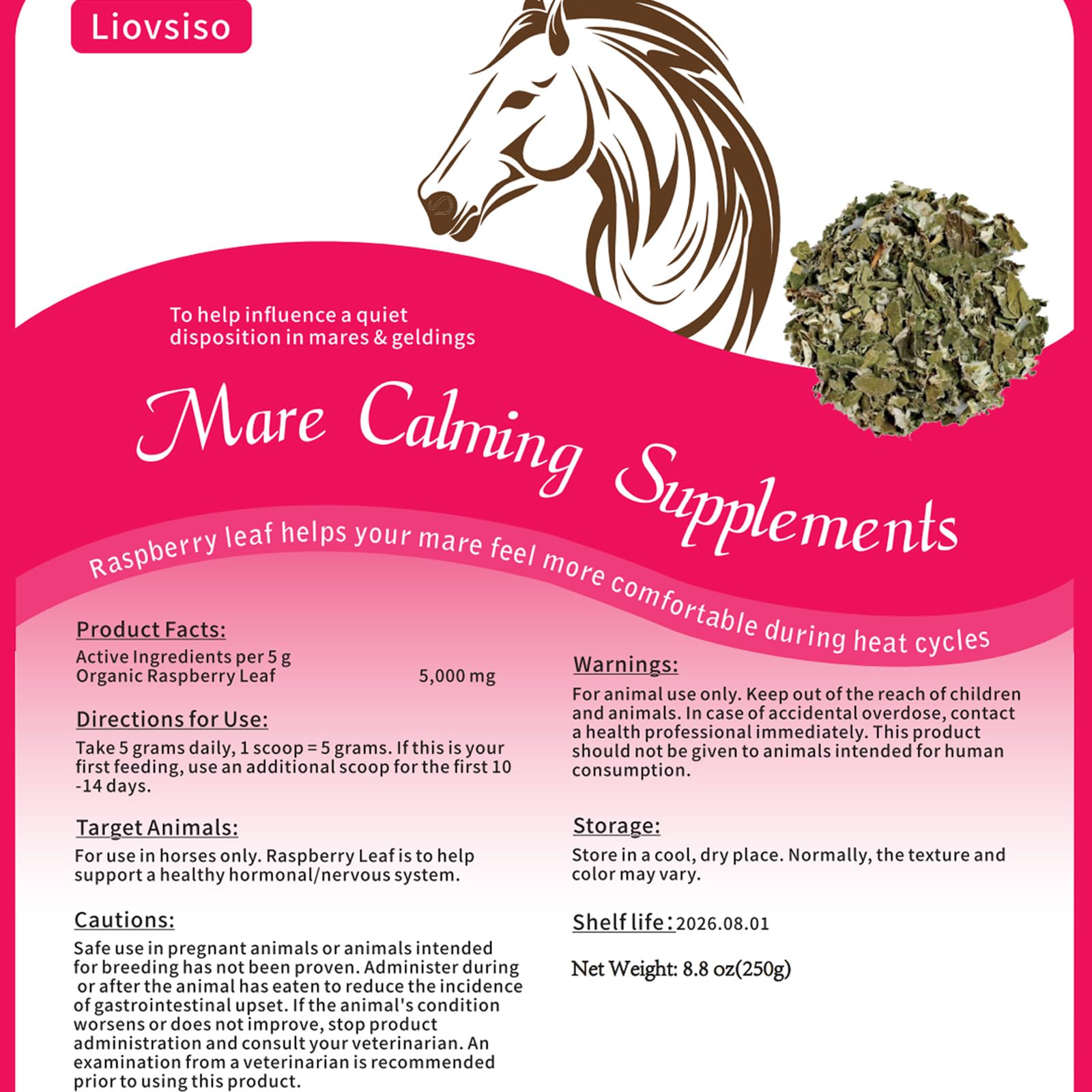 Natural Raspberry Leaf Horse Calming Supplement - 8.8 oz Anxiety Relief for Moody Mares & Geldings, Soothes Discomfort During Heat Cycles | Perfect for Training, Shows & Stressful Situations