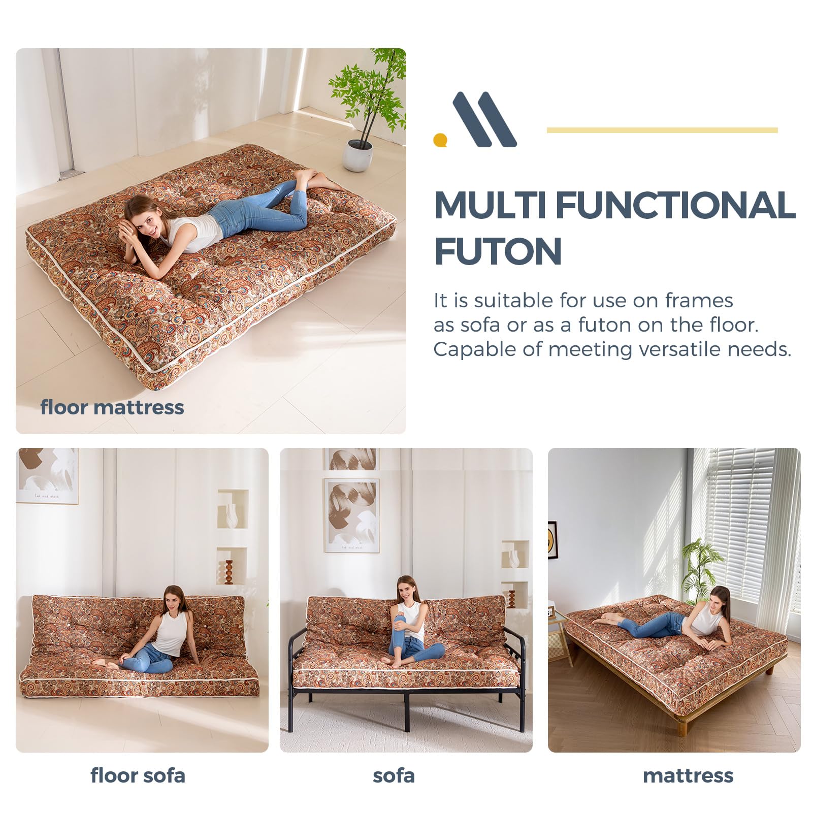 MAXYOYO 6 Bohemian Futon Mattress Full Size - Thickened Sofa Bed with Yellow Cover for Living Room, Guest Room & Dorm | Convertible Couch to Bed for Small Spaces