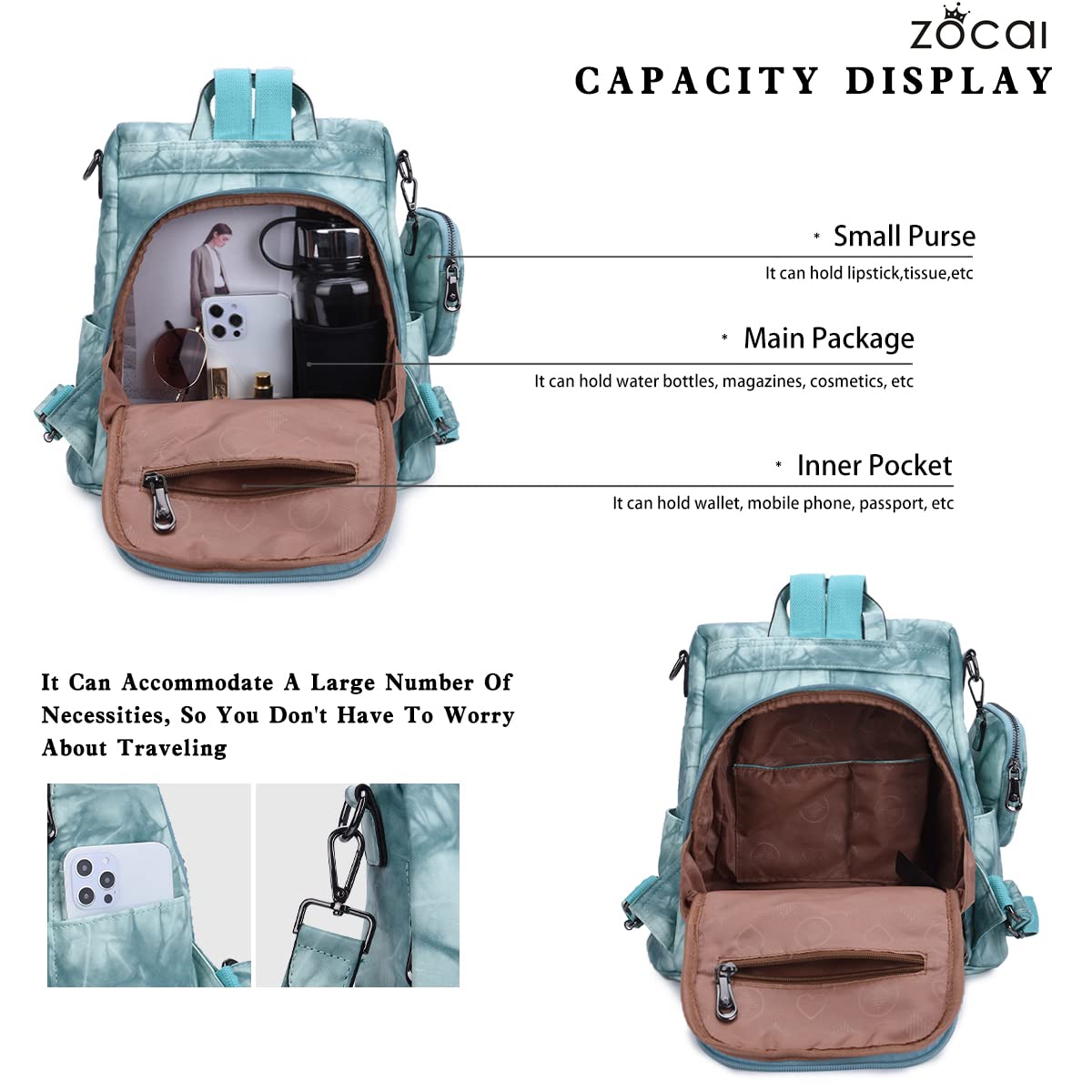 ZOCAI Women's Fashion Backpack Purse - PU Leather Anti-Theft Shoulder Bag & Satchel Daypack for Work, Travel & Daily Use
