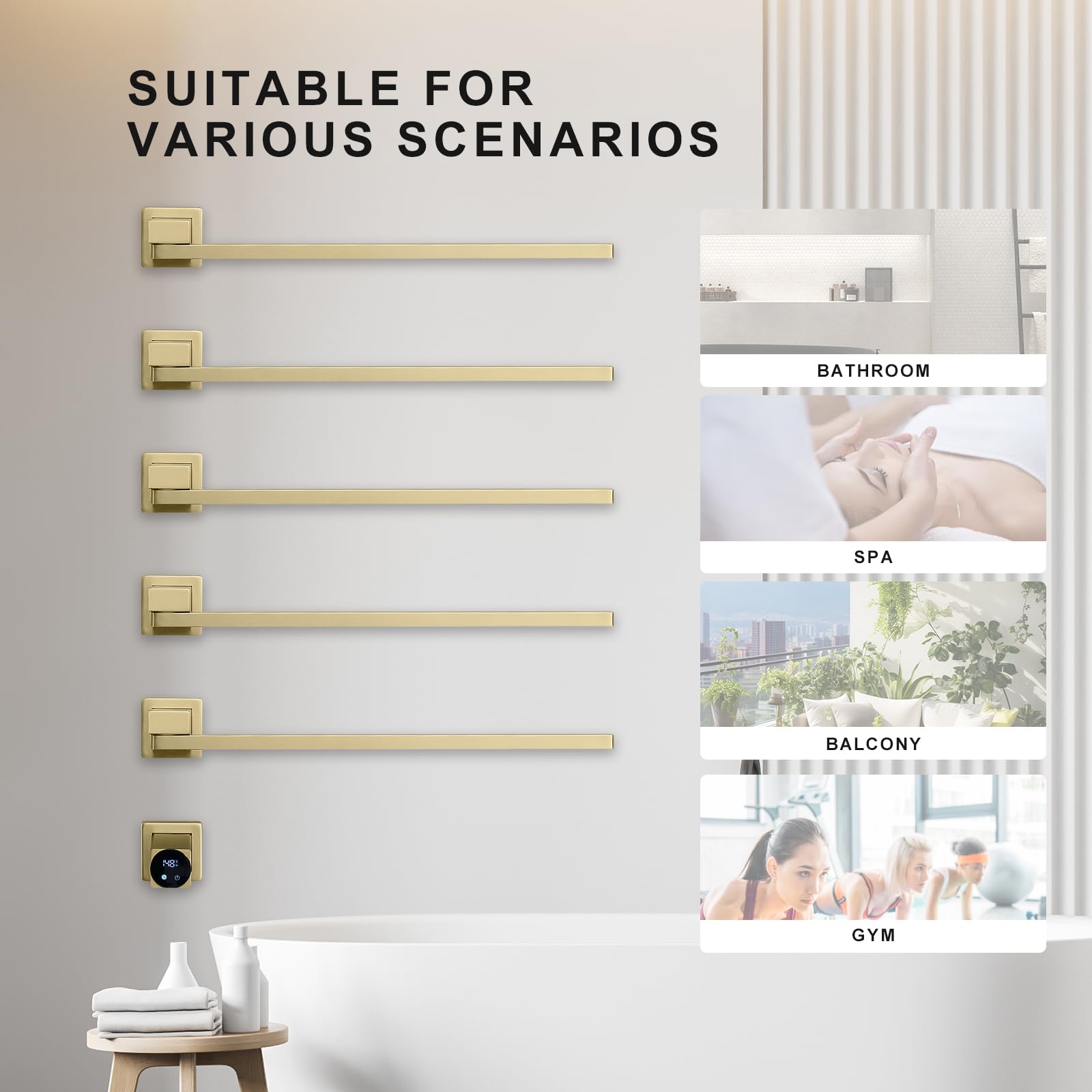 Smart WiFi Heated Towel Rack - 93W Brushed Gold Stainless Steel Towel Warmer with 180° Rotation, Built-in Timer & Temperature Control (115°F-145°F) - 5-Bar Bathroom Towel Heater for Spa-Like Luxury, Perfect for Modern Homes & Hotels