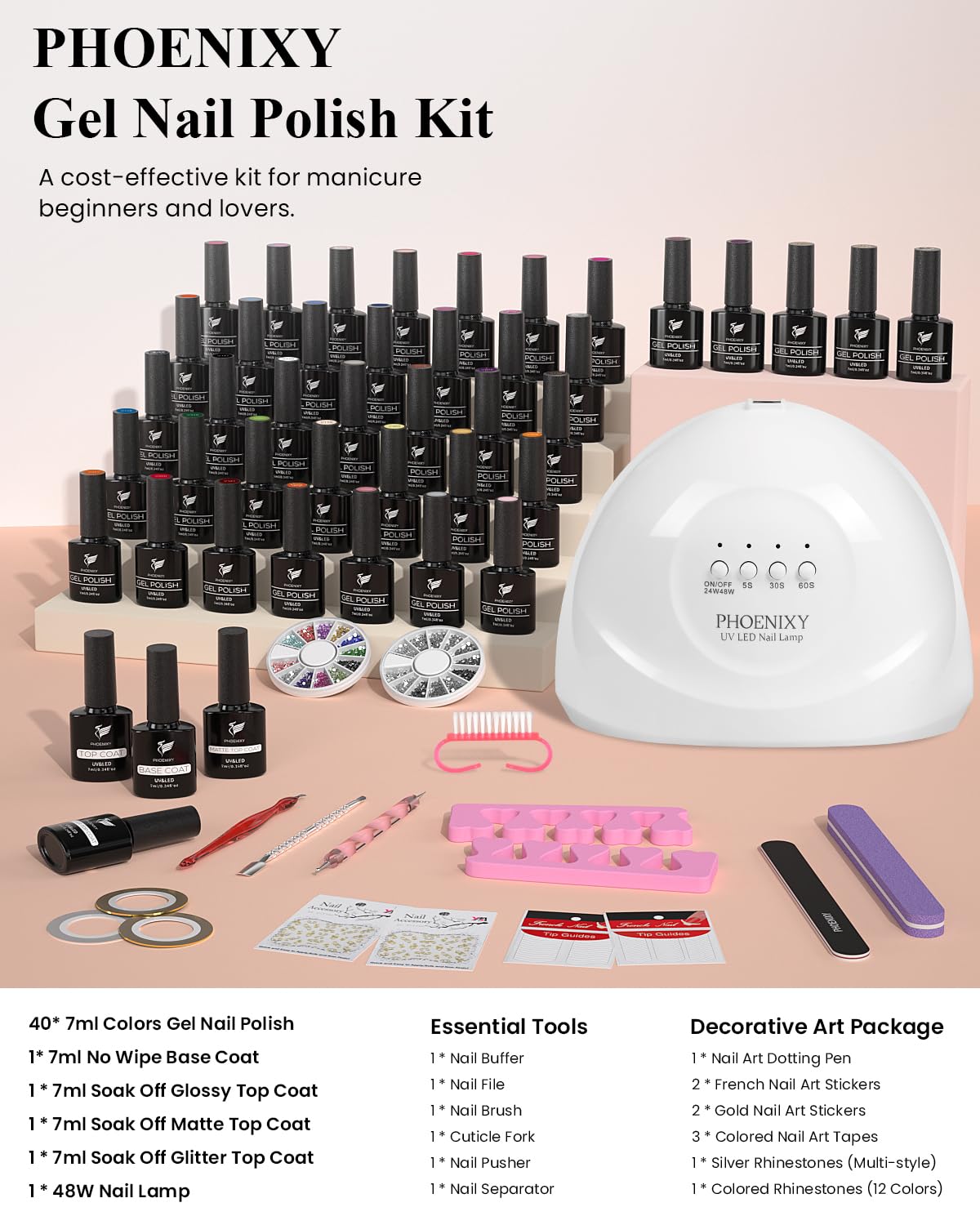 PHOENIXY 61 PCS Gel Nail Polish Kit with UV Light - 40 Colors Soak Off Gel Polish Set, Base & Top Coat, Manicure Starter Kit for DIY Nails at Home - Perfect Gift for Women & Nail Art Lovers