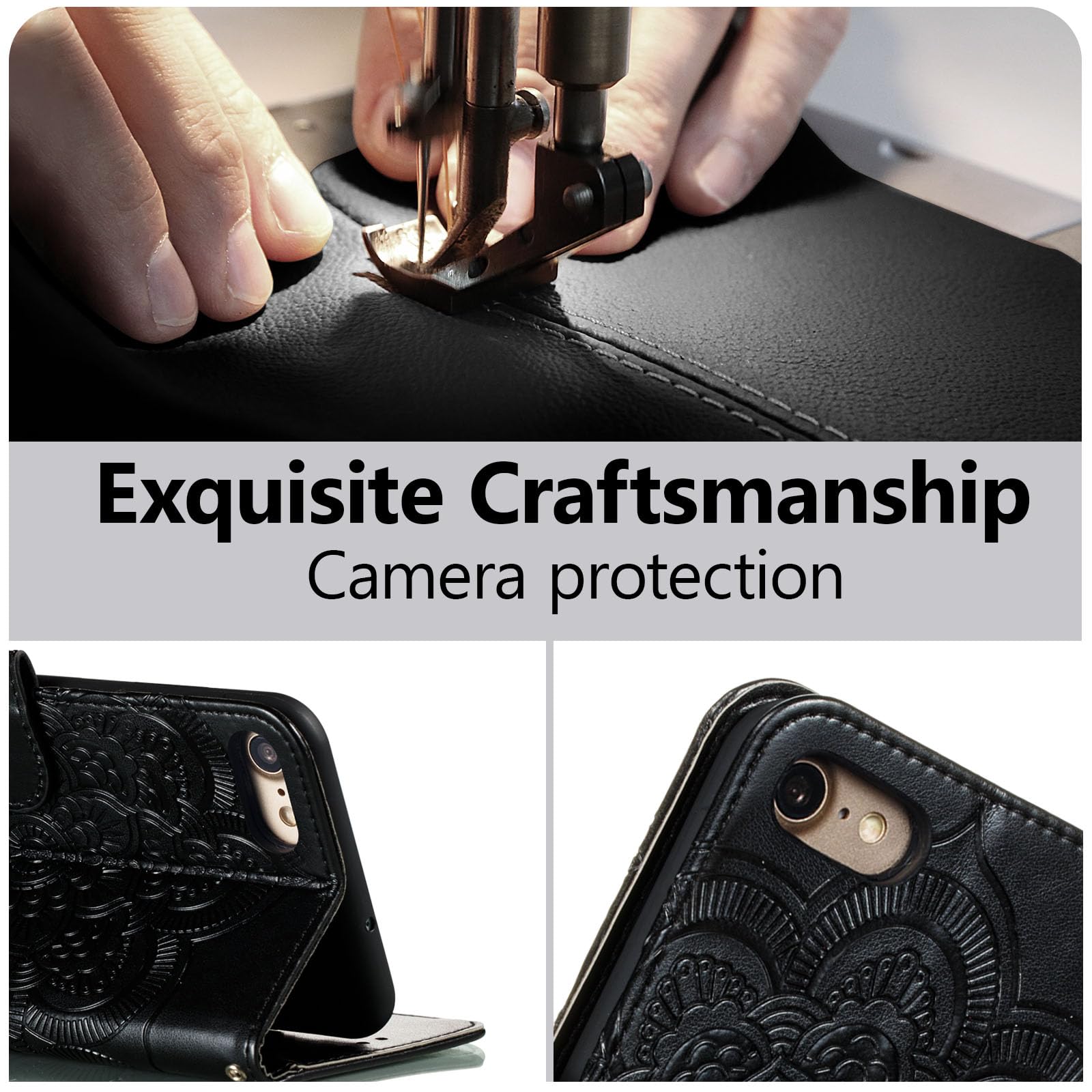 Premium Leather Mandala Flip Wallet Case for iPhone SE/7/8 - Magnetic Stand with Card Slots & Lanyard - Ultra Slim Embossed Cover (Black) - Perfect for Daily Use, Travel & Business Meetings