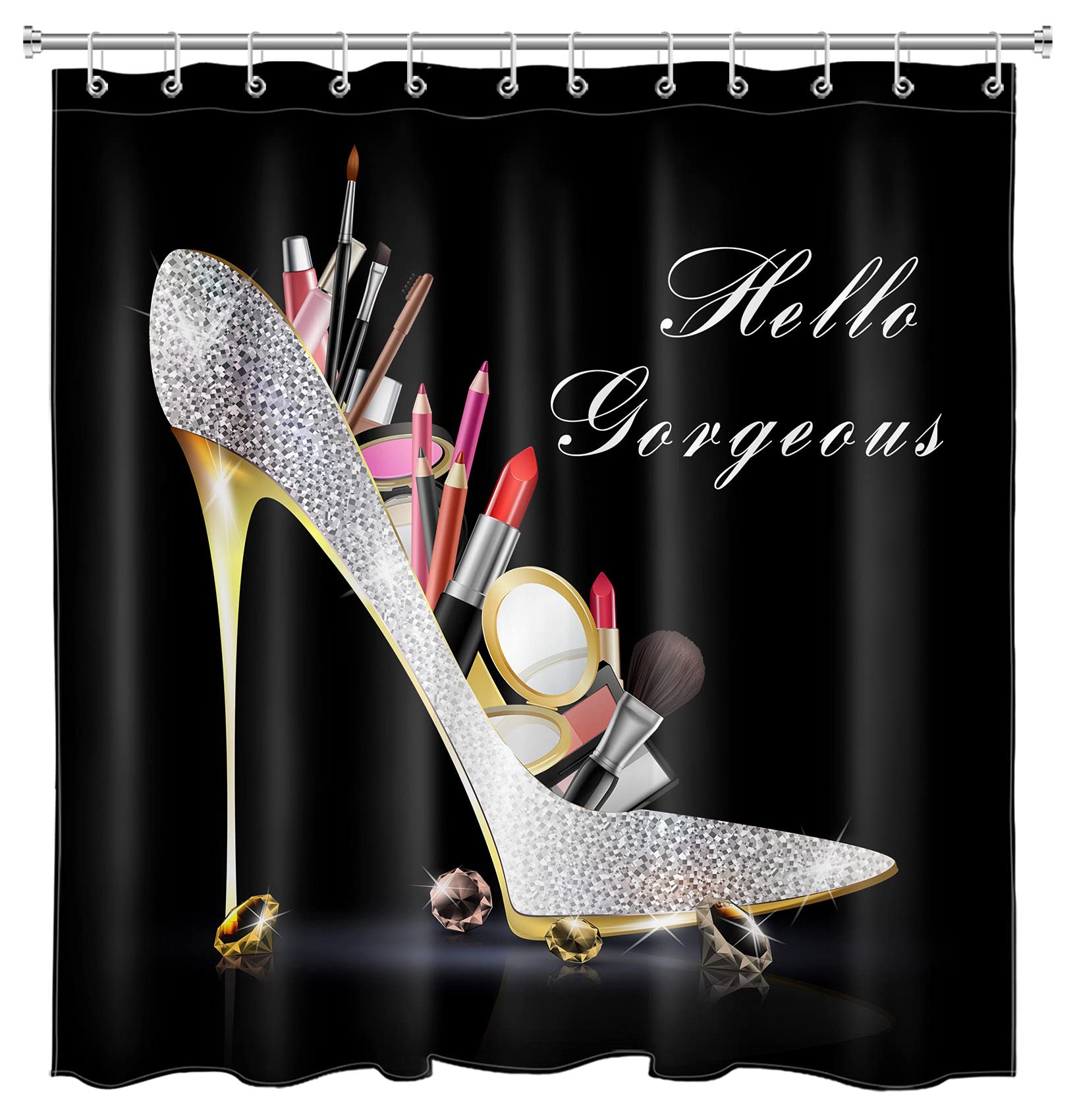 EOBTAIN Diamond High Heels Shower Curtain - Glamorous Lipstick & Bling Fashion Design, 69x70 Inch Waterproof Fabric Bathroom Curtain with 12 Hooks (Silver/Black) - Perfect for Women's Bathroom Decor, Bridal Shower Gift & Fashion Lover's Home Accessory