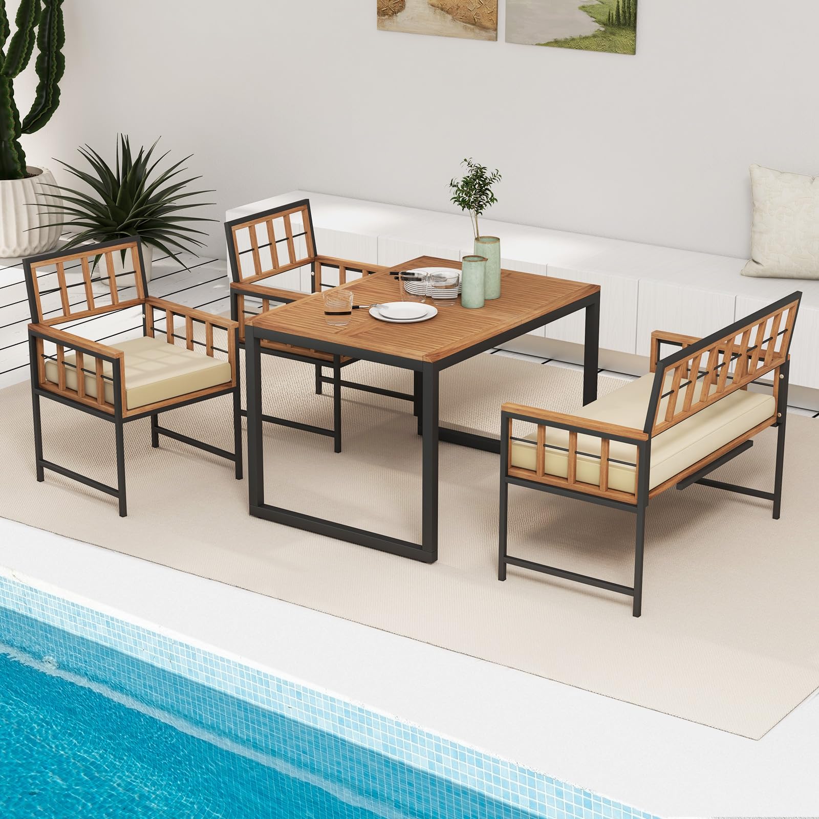Tangkula 4-Piece Acacia Wood Patio Dining Set with 2 Chairs & 1 Loveseat - 47