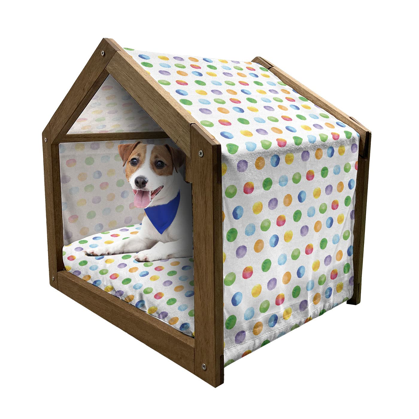 Ambesonne Modern Abstract Wooden Dog House with Polka Dot Design - Colorful Watercolor Circles Indoor & Outdoor Portable Pet Kennel - Includes Pillow & Cover - Medium Size, Multicolor - Perfect for Living Rooms, Patios & Backyards