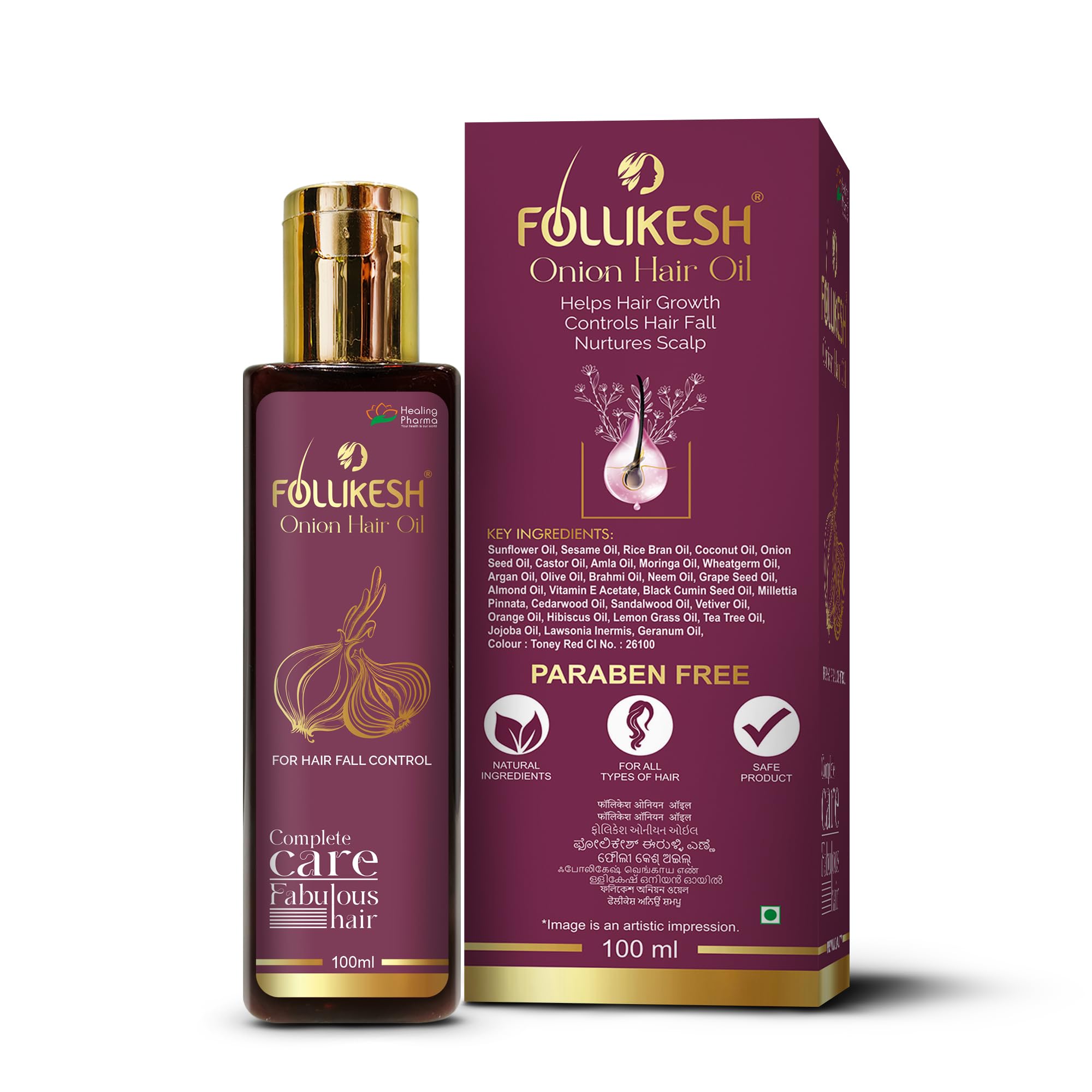 Healing Pharma Follikesh Red Onion Hair Oil - 100ml for Hair Growth & Hair Fall Control | Natural Treatment for Men & Women | Comb Applicator Included | Perfect for Daily Hair Care & Scalp Massage