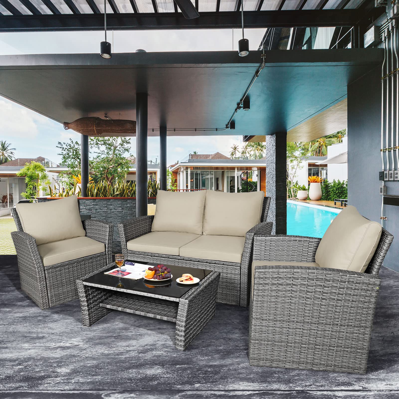 Tangkula 4-Piece All-Weather Outdoor Patio Furniture Set - Wicker Rattan Sectional Sofa with Cushions & Tempered Glass Table - Perfect for Backyard, Garden, Poolside & Patio Relaxation