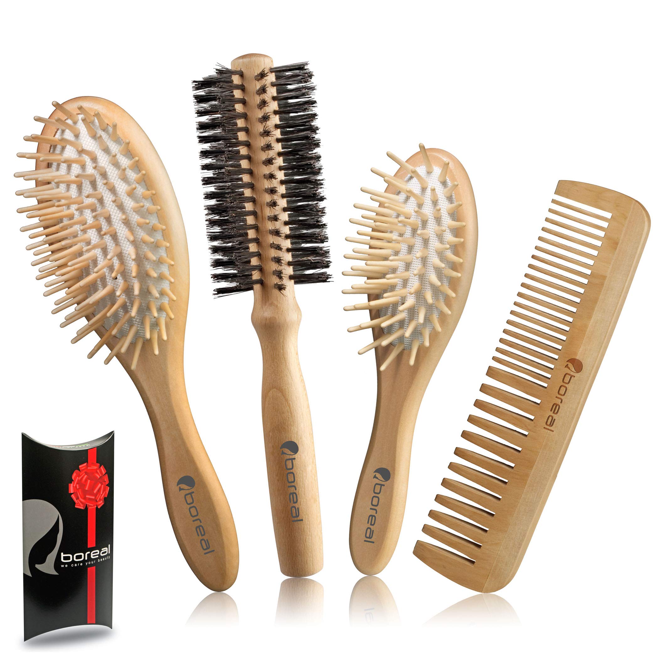 **Premium Wooden Hair Brush Set - Natural Wooden Bristle Brush, Travel-Sized Paddle Brush, Roller Brush (57mm), Comb - Elegant Gift Box for Women | Perfect for Home, Travel & Salon Styling**