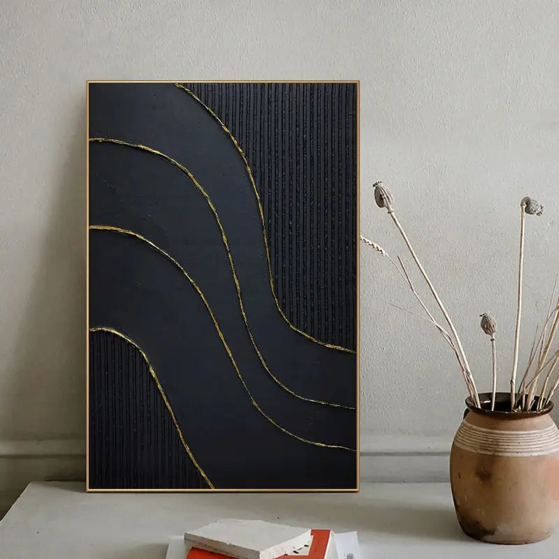 Black Gold Minimalist Textured Abstract Wall Art Painting #MZ011 - Modern Home & Office Decor for Living Room, Bedroom, Dining Area