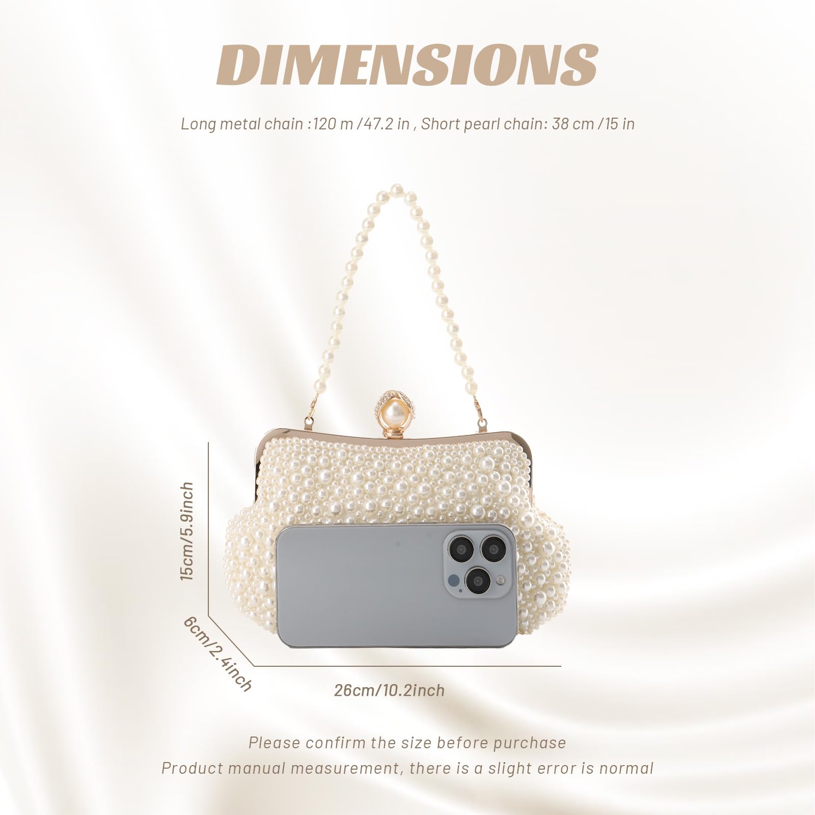Pearl Clutch Purse for Women - Crystal Beaded Evening Bag with Chain for Wedding & Party