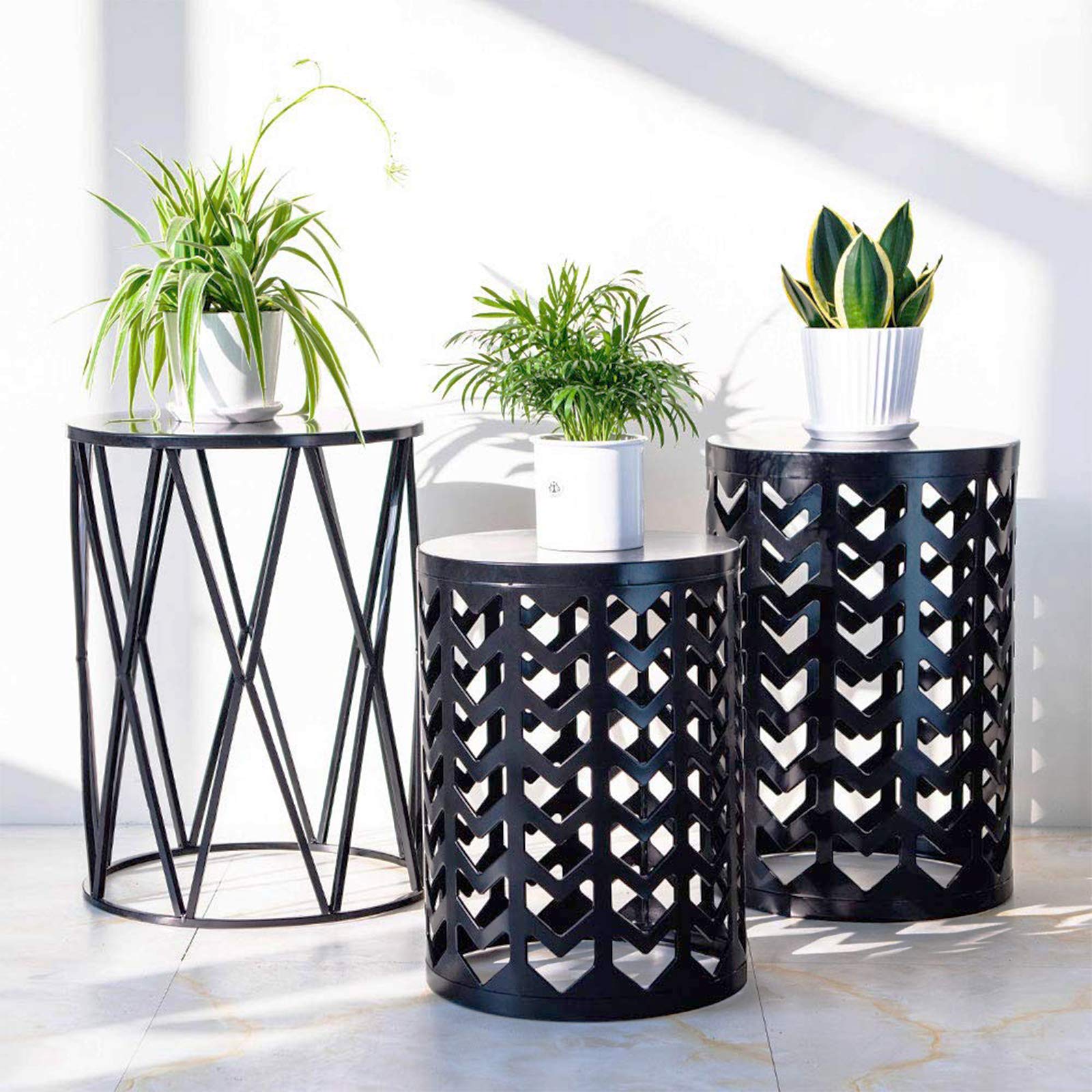 Y&M Set of 3 Round Metal Coffee Tables - Indoor Outdoor Side Tables, End Tables & Plant Stands - Heavy Duty Decorative Garden Stools in Black | Perfect for Living Room, Patio, Balcony & Backyard (Ships from USA)