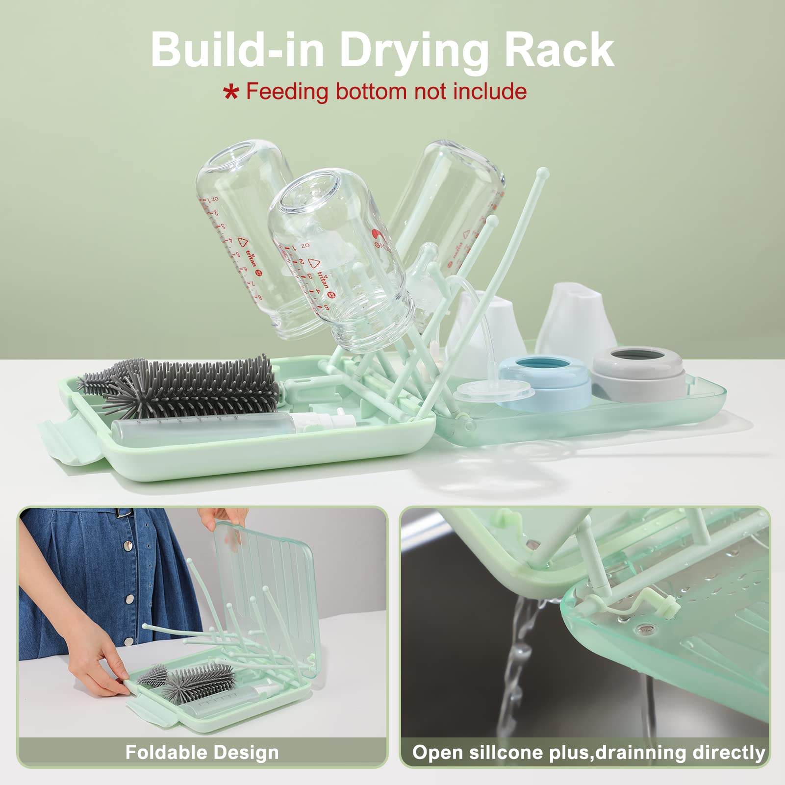 6 in 1 Baby Bottle Cleaning Brush Set with Travel Drying Rack - 360° Cleaning Brush, Nipple Brush, Straw Cleaner, Soap Dispenser & Organizer Case - Essential Newborn Feeding Supplies for Home, Travel & Daycare (Green)