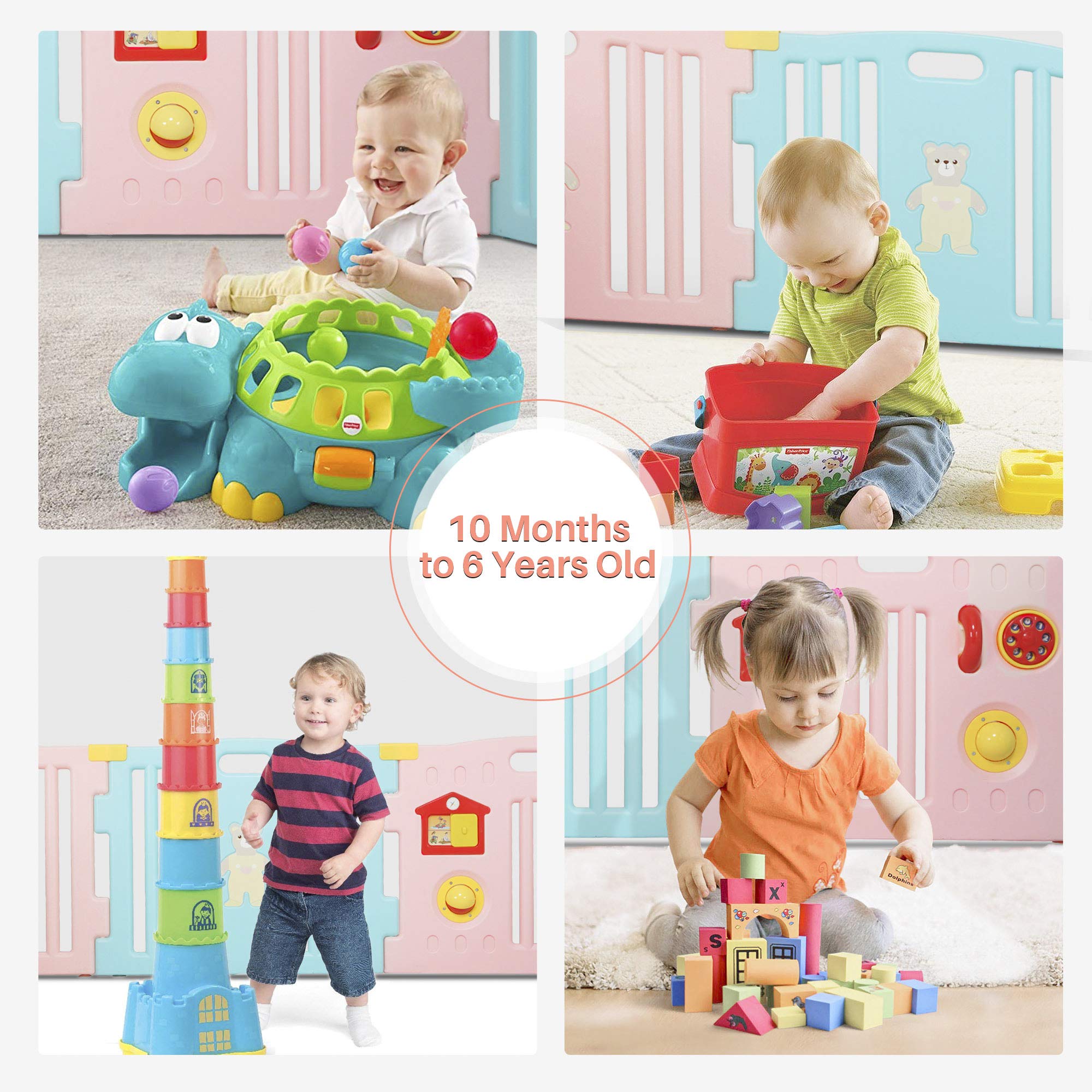 Kidzone 8-Panel Baby Playpen with Safety Gate - ASTM Certified Toddler Play Yard for Indoor & Outdoor Use - Anti-Fall Activity Center for Kids (Pink/Blue) - Perfect for Playrooms, Daycares & Backyards