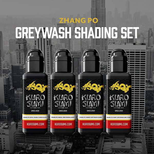 Kuro Sumi Zhang Po 4 Bottle Greywash Tattoo Shading Ink Set - Professional Tattoo Artist Supplies for Realism & Shading Techniques