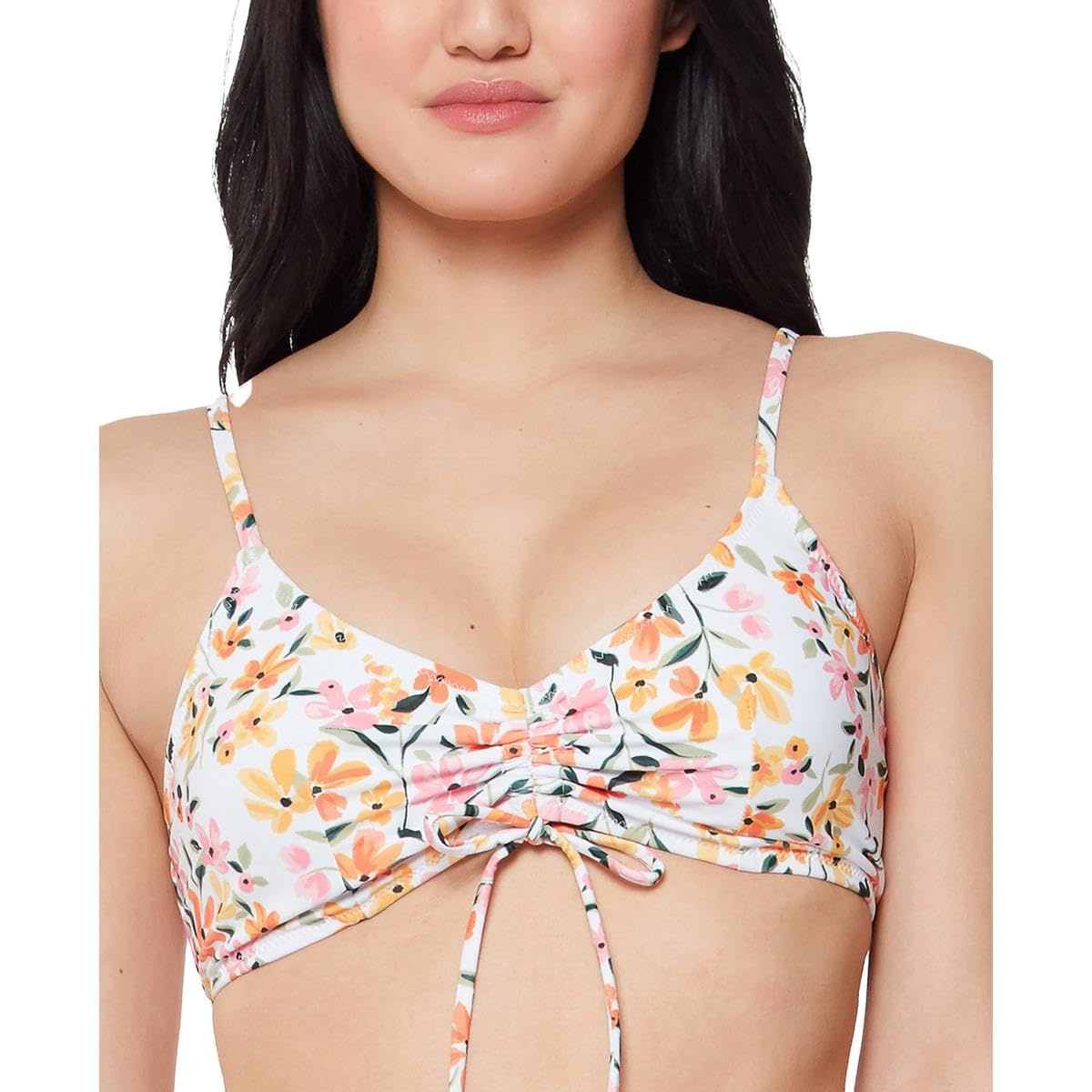 Jessica Simpson Women's Floral Print Ruched Bikini Swim Top - Sexy Push Up Bathing Suit for Beach, Pool & Summer Vacations