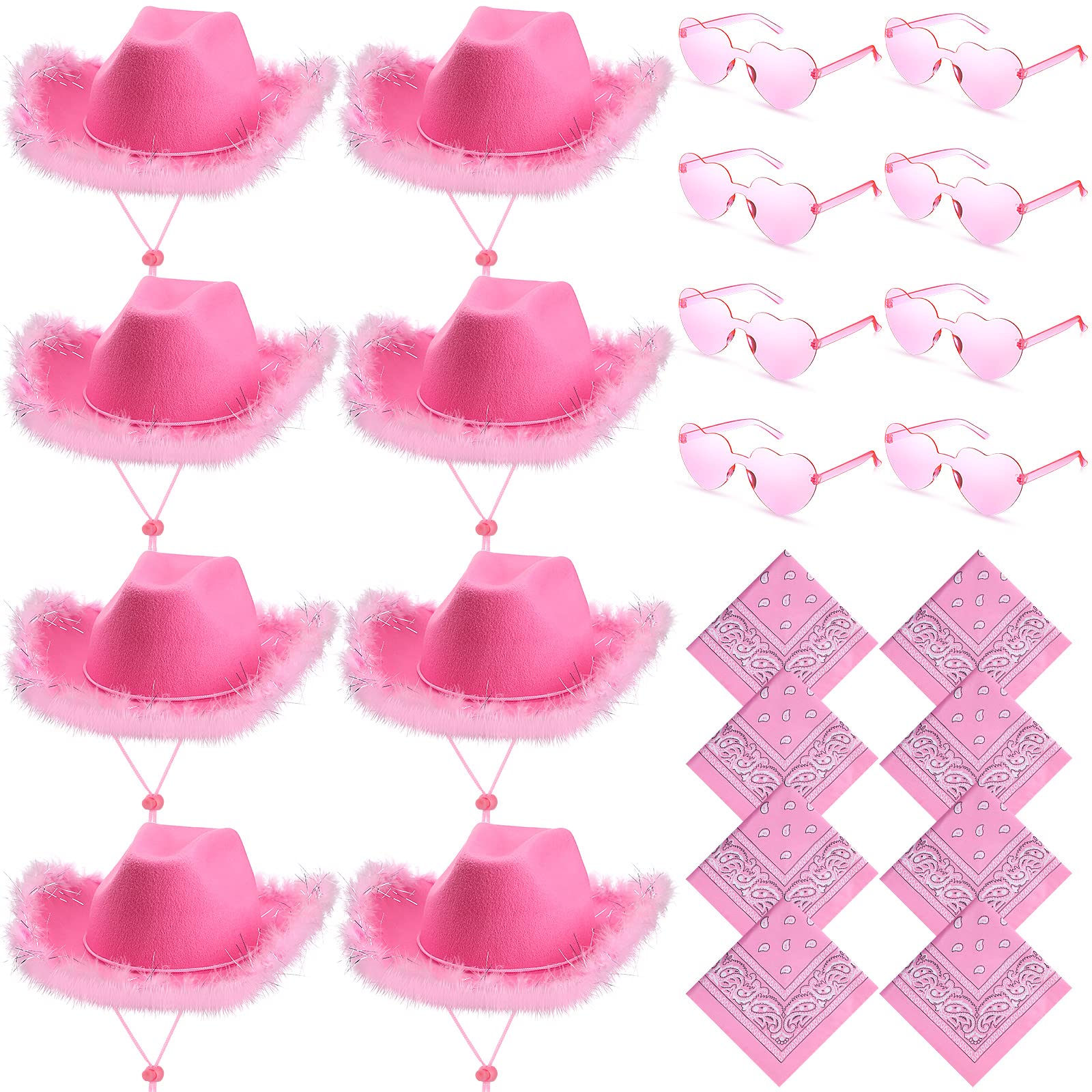 24 Pack Cowgirl Hats with Paisley Bandana & Heart Sunglasses Set - Fluffy Feather Boa Cowboy Hats for Western Party, Bachelorette, Halloween & Costume Events (Pink, Stylish) - Perfect for Country Themed Parties, Rodeo Events & Photo Shoots
