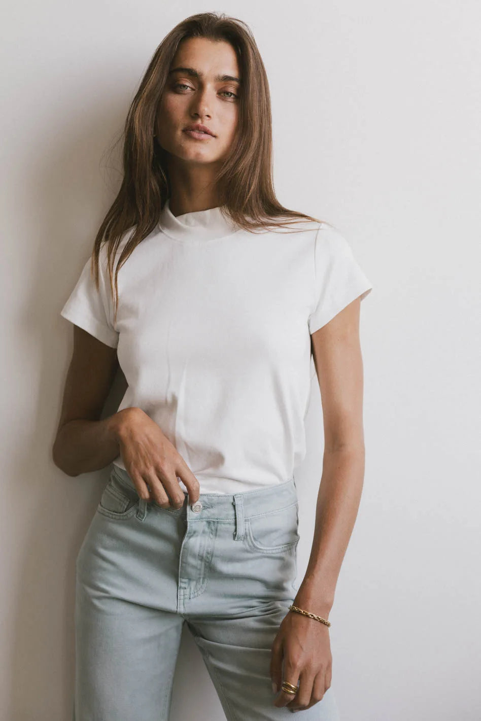 Marley Mock Neck Tee - Soft Cotton Crewneck T-Shirt for Women in White | Casual Wear, Layering & Everyday Outfits | FINAL SALE