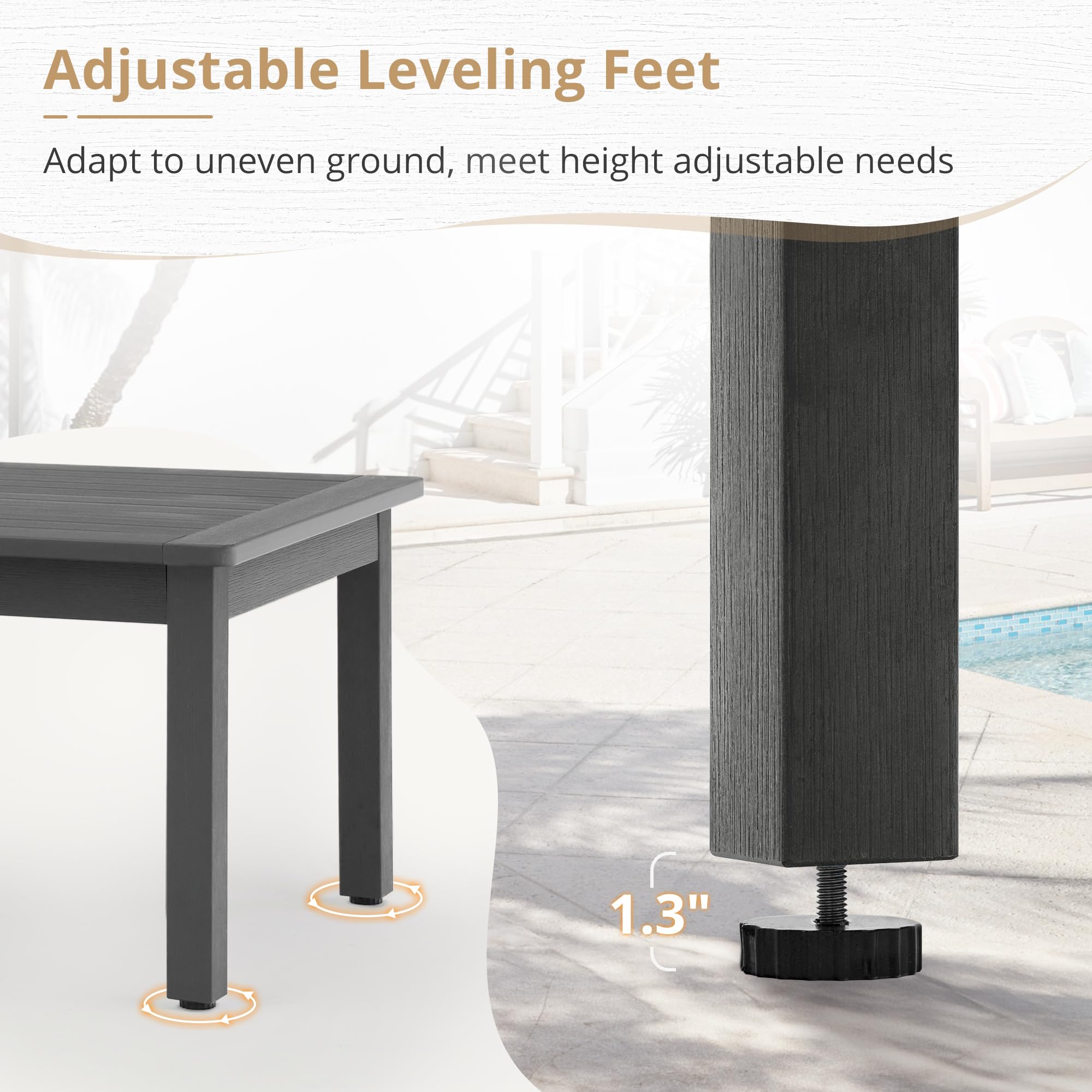 LUE BONA Outdoor Coffee Table - HDPS Weather-Resistant Rectangle Patio Table with Adjustable Leveling Feet for Deck, Pool, Balcony - Indoor/Outdoor Use in Dark Gray | Perfect for Backyard Lounging, Poolside Relaxation & Outdoor Entertaining
