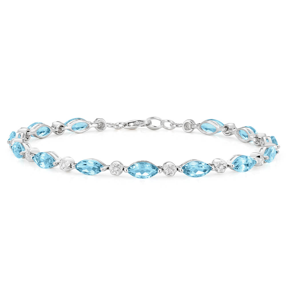 9ct White Gold Marquise Cut Sky Blue Topaz and Diamond Bracelet 19cm - Elegant Jewelry for Weddings, Parties & Special Occasions