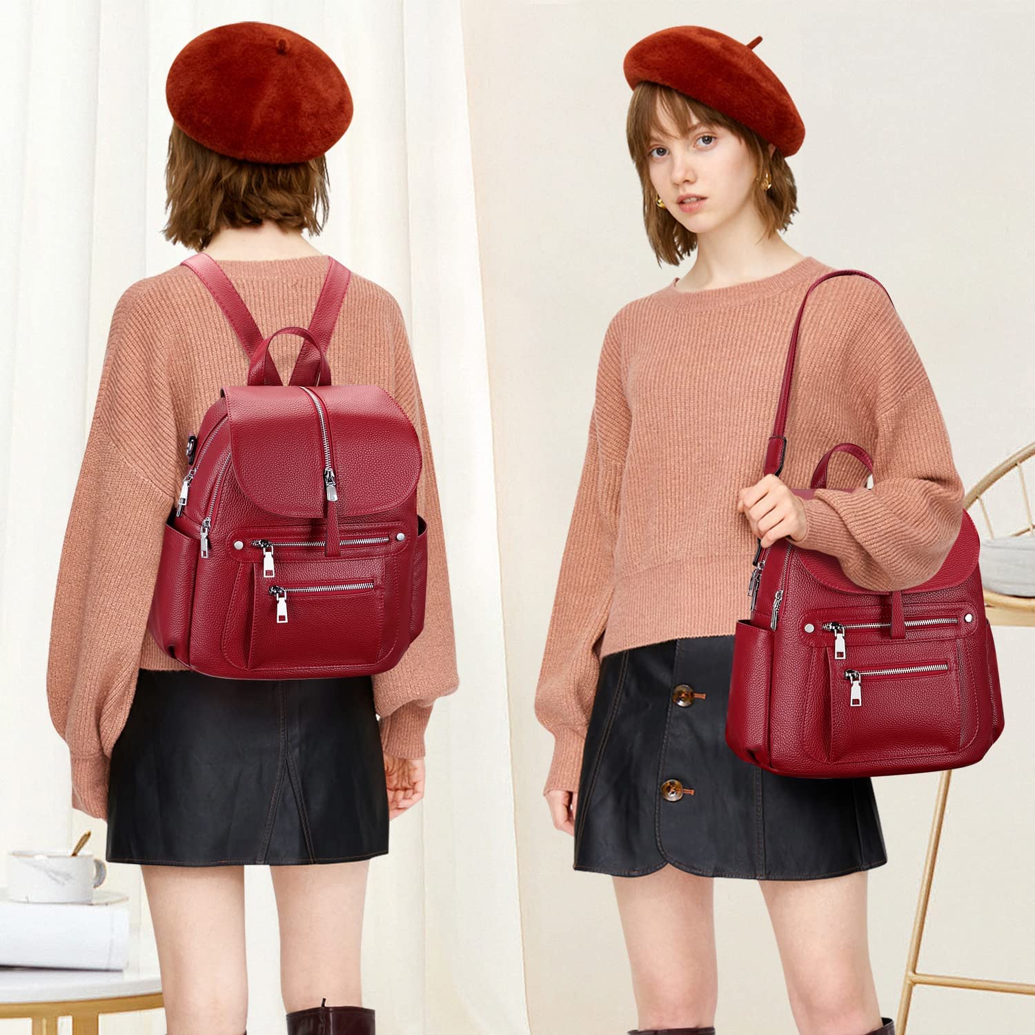 ALTOSY Women's Leather Backpack Purse - Stylish Casual Handbag with Multiple Pockets & Flap Closure - Perfect for Work, Travel & Everyday Use