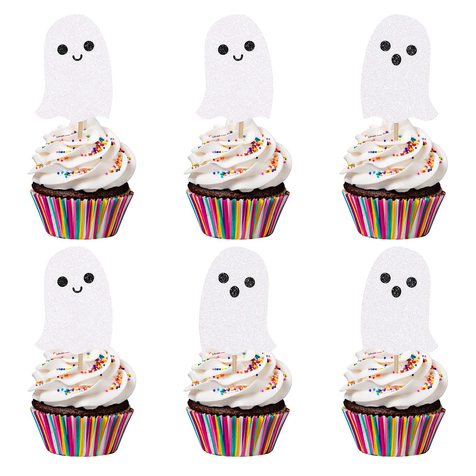 White Glitter Halloween Ghost Cupcake Toppers - Adorable Baby Ghost Cake Decorations for Halloween Baby Shower, Birthday Party & Spooky Celebrations - Perfect for Cupcakes, Cakes & Dessert Displays