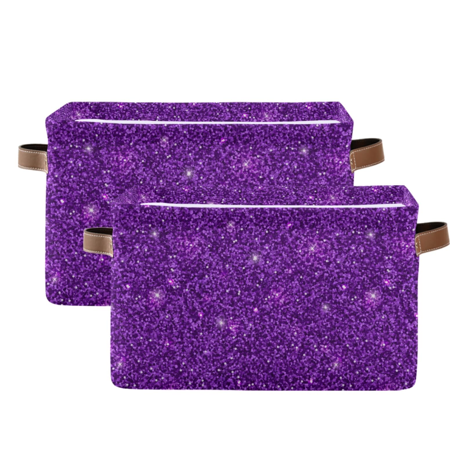 Purple Glitter Sequins Foldable Storage Bin - Collapsible Fabric Storage Basket with Handles for Organizing Toys, Clothes & Home Decor (2-Pack) | Perfect for Nursery, Closet, Bedroom & Office Organization